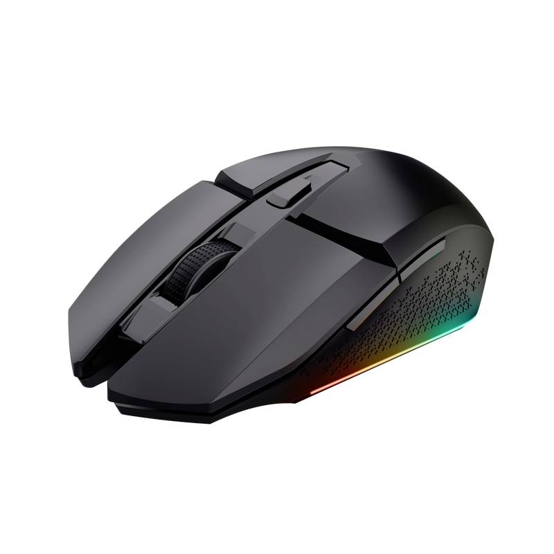 Souris de jeu noire avec éclairage RVB sur les côtés, visible de gauche en perspective latérale.