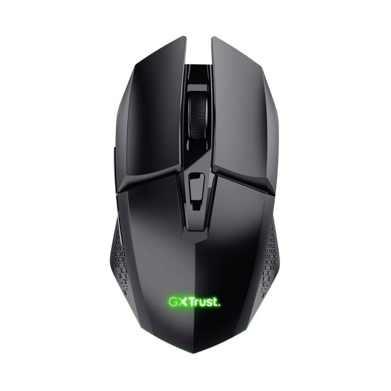 Souris de gaming sans fil en noir avec logo 'GXT Trust' lumineux en vert, offrant des fonctionnalités avancées et un design ergonomique.