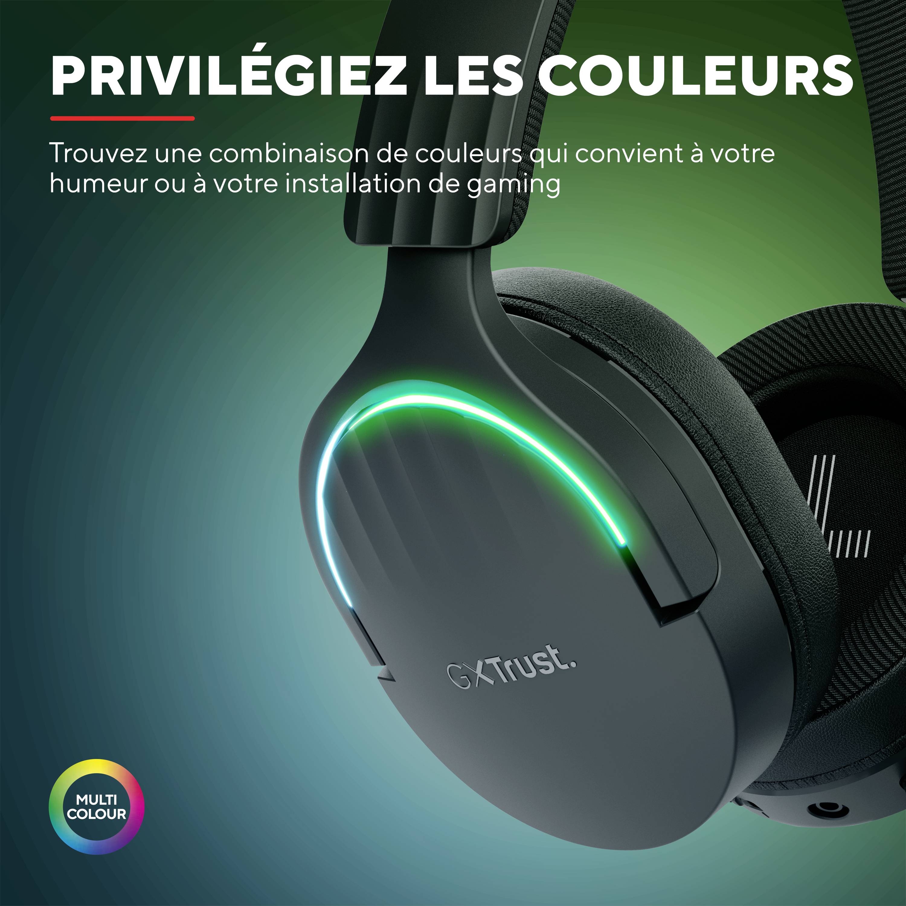 'Farbe bekennen' présente un casque de gaming avec éclairage LED coloré, adapté à différentes configurations de jeu.
