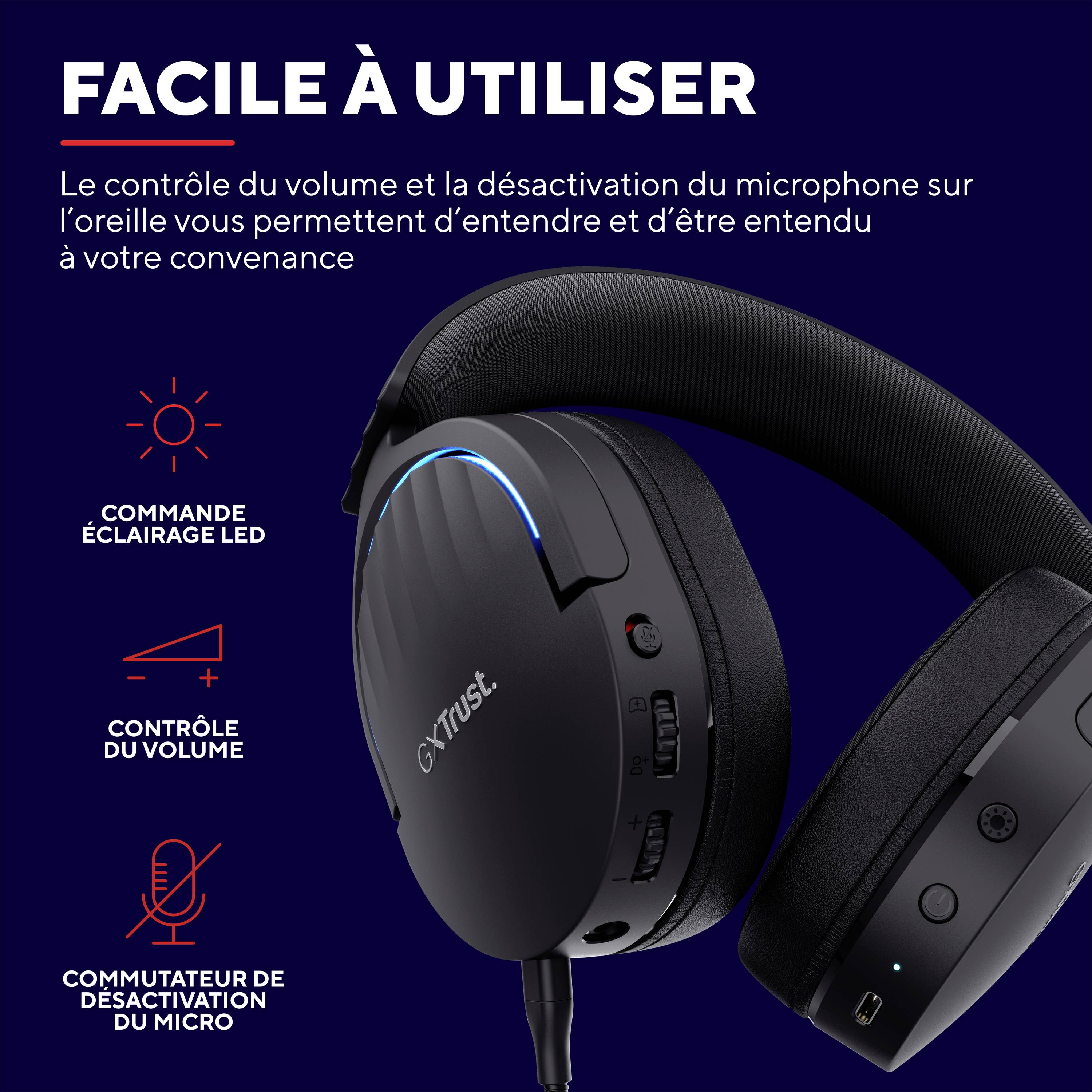 Casque audio avec contrôle du volume, éclairage LED, bouton de sourdine pour microphone sous le titre 'Convivial'