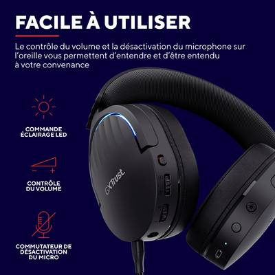 Casque audio avec contrôle du volume, éclairage LED, bouton de sourdine pour microphone sous le titre 'Convivial'