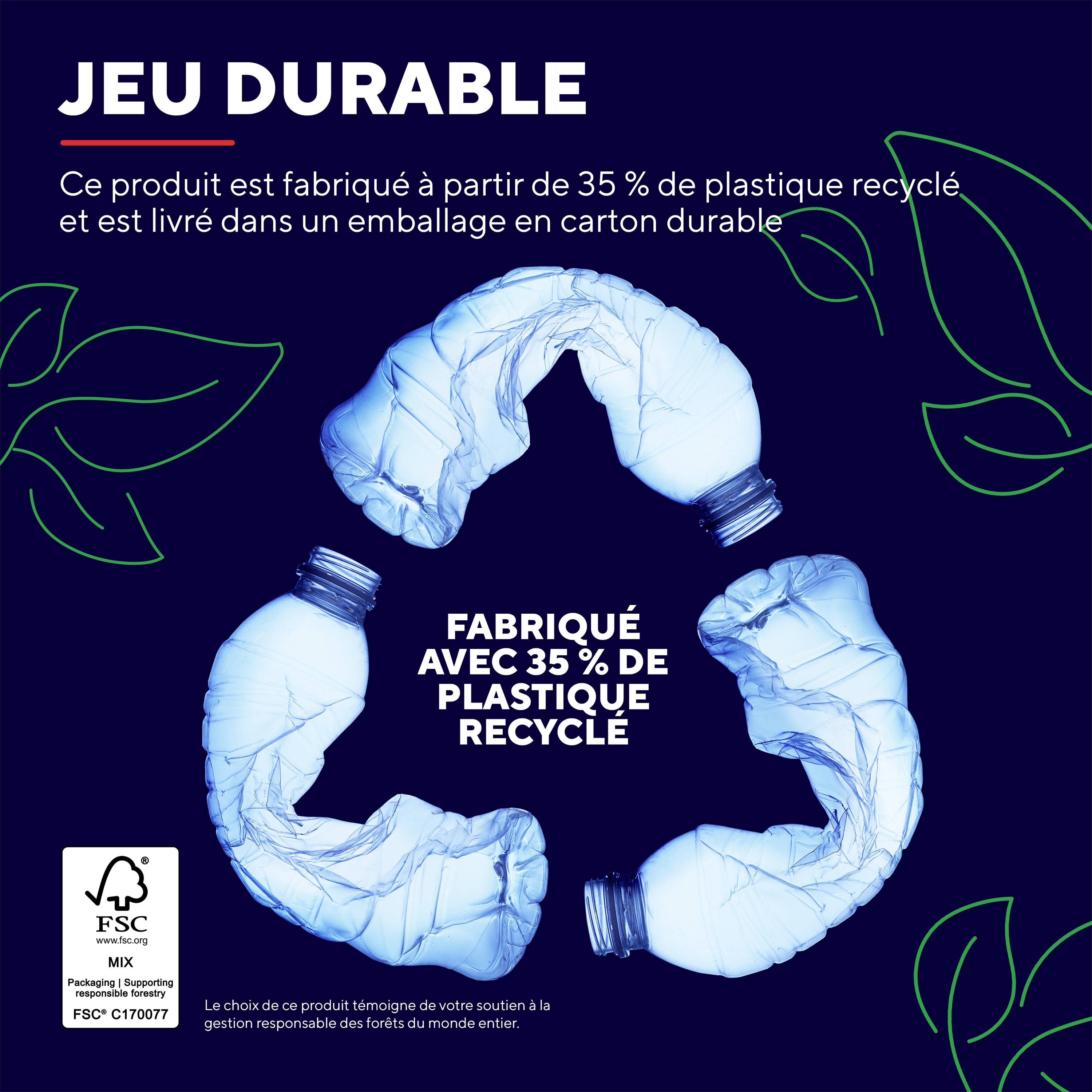Capture d'écran d'une affiche pour un gaming durable. Un cercle de bouteilles en plastique remplit le centre. Texte : « Fabriqué à 35 % de plastique recyclé »