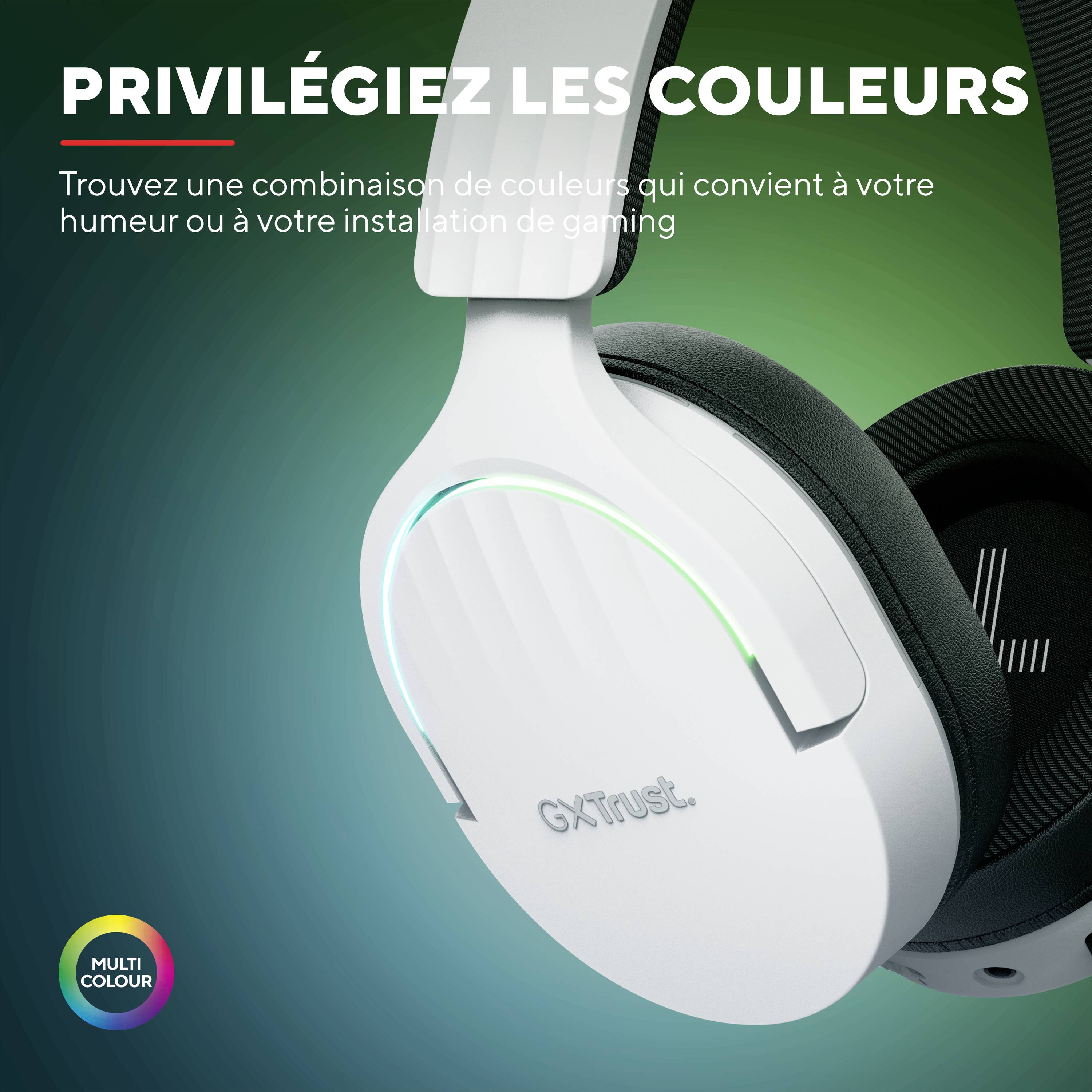 'Farbe bekennen' présente des écouteurs de gaming blancs avec des lumières multicolores qui s'adaptent à différents setups de gaming.