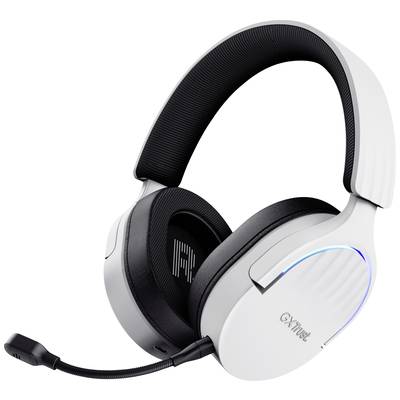 Un casque gaming blanc avec microphone et éléments d'éclairage bleus, adapté pour les jeux PC.