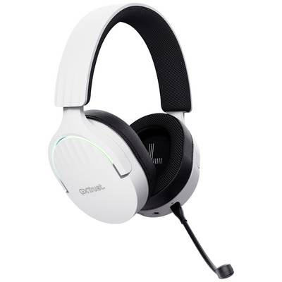 Casque gaming blanc filaire avec microphone, coussinets d'oreilles noirs et éclairage LED vert. Nom de la marque sur le côté.