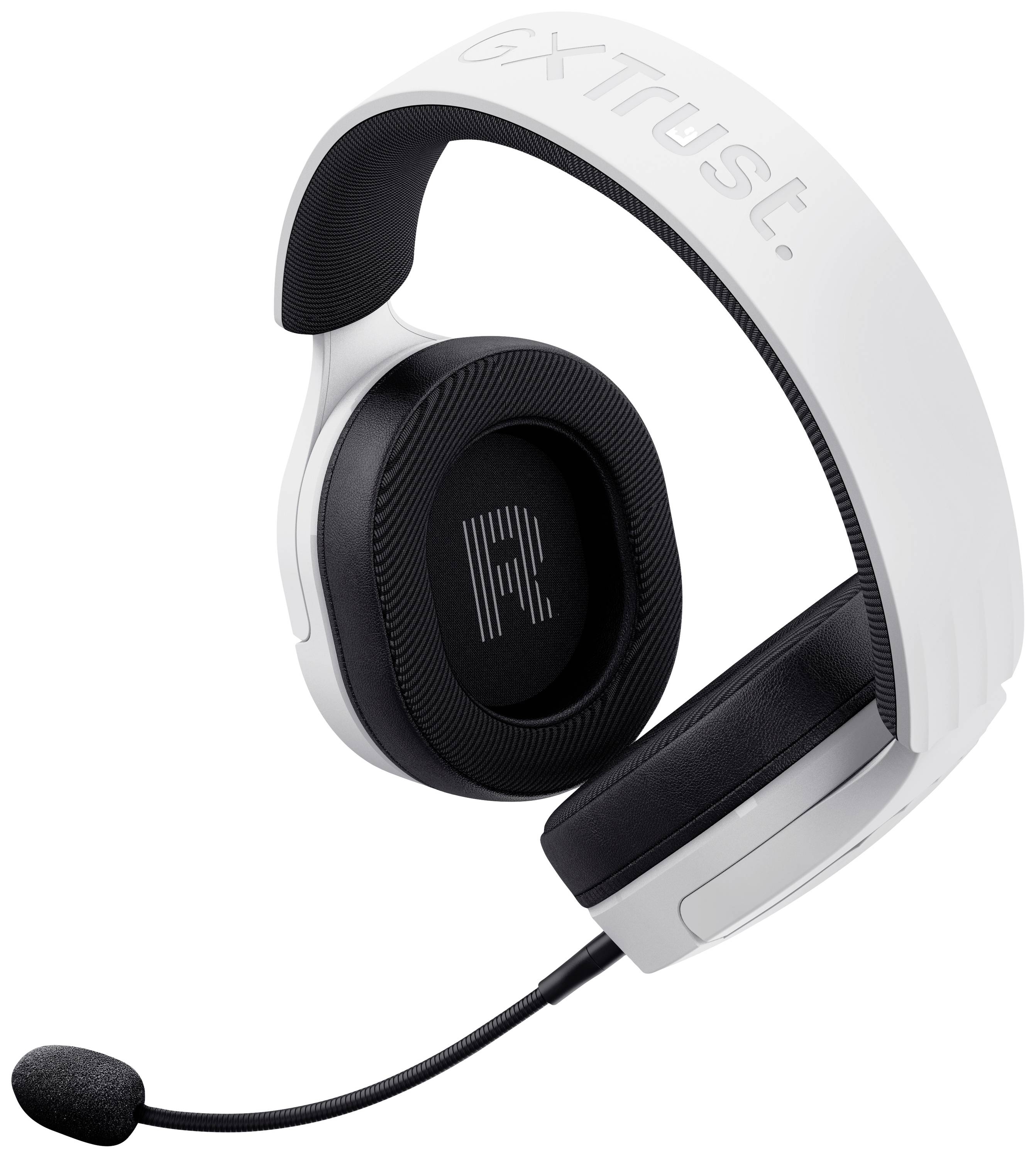Un casque blanc avec microphone, estampillé 'GXT Trust'. Il est équipé de coussinets d'oreille ovales portant la mention 'R' pour le côté droit.