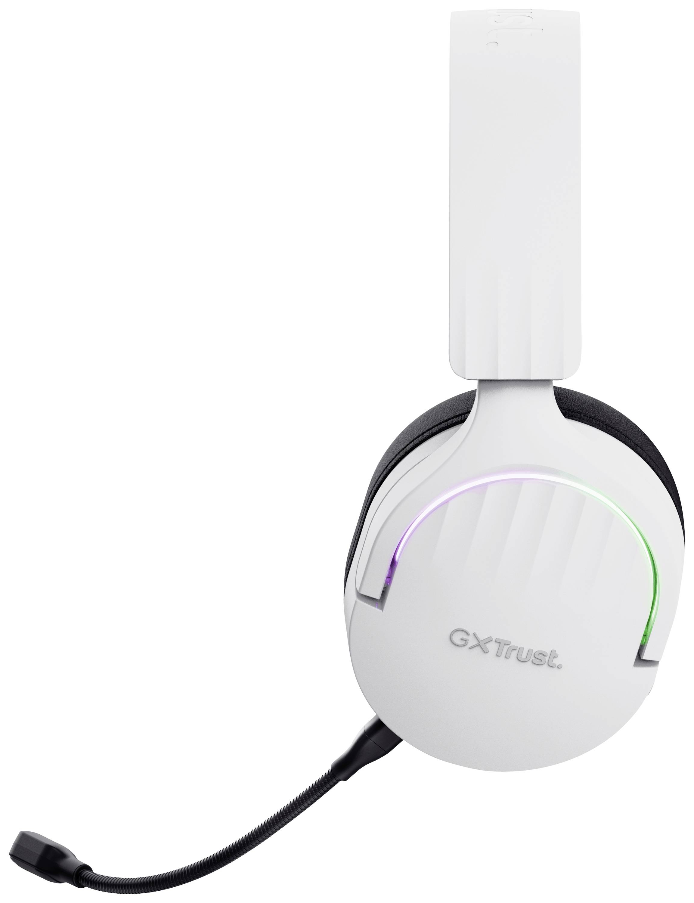 Un casque gaming blanc avec microphone, éclairage LED et l'inscription 'GXT Trust' sur le côté du casque.