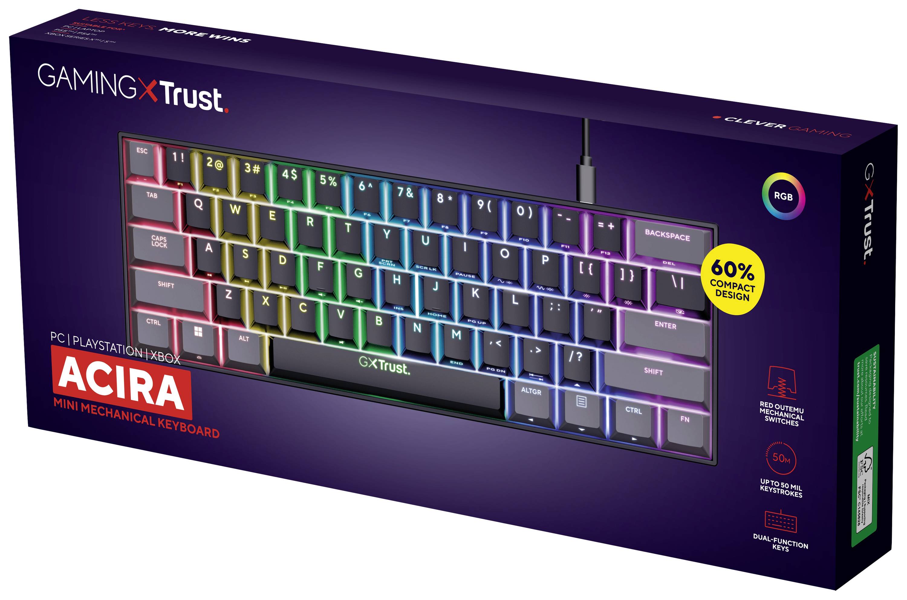 L'emballage d'un modèle de mini-clavier mécanique compact 'ACIRA' de Trust, avec éclairage RVB et design 60%, pour PC/PlayStation.
