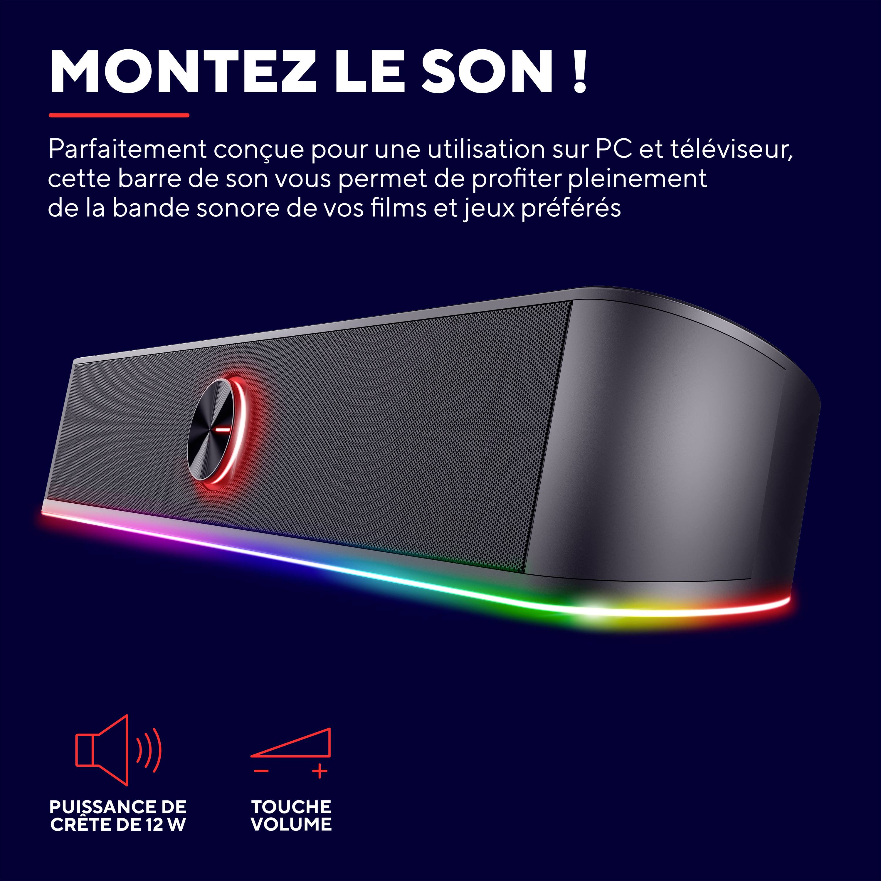 Une barre de son noire avec éclairage LED et le texte 'Profite du son ! Puissance de crête de 12 W, contrôle du volume.'