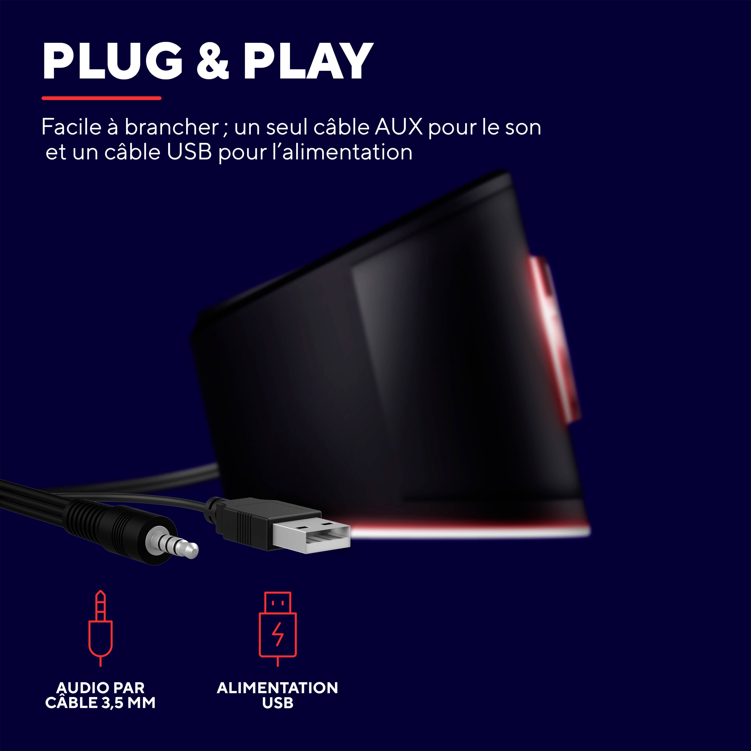 « Plug & Play » : Un appareil à connexion simple : audio via câble AUX 3,5 mm et alimentation par câble USB.