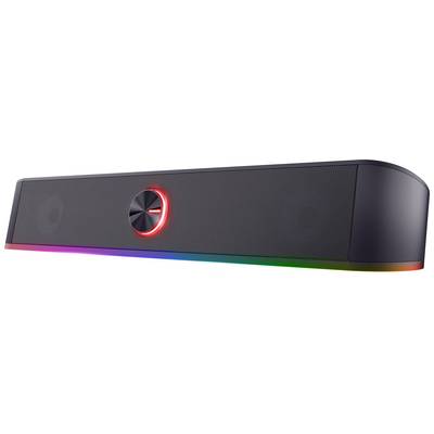 Barre de son noire avec un bouton de volume central lumineux et une bande LED arc-en-ciel sur la partie inférieure.