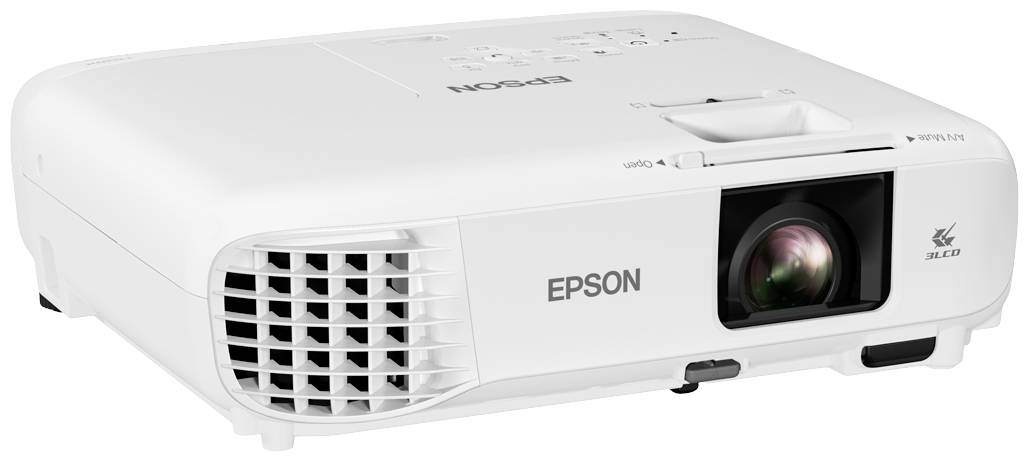 Un projecteur blanc de la marque Epson avec des grilles de ventilation sur le côté et un objectif à l'avant.