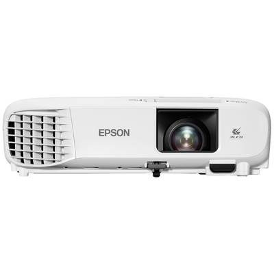 Projecteur Epson 3LCD blanc avec objectif central et fentes de ventilation sur le côté gauche. Idéal pour les présentations et le cinéma maison.