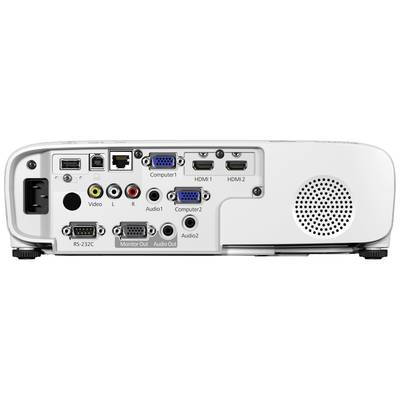 Vue arrière d'un projecteur avec ses connexions : HDMI, VGA, Audio, Vidéo, RS-232C et USB. Haut-parleur sur le côté droit.