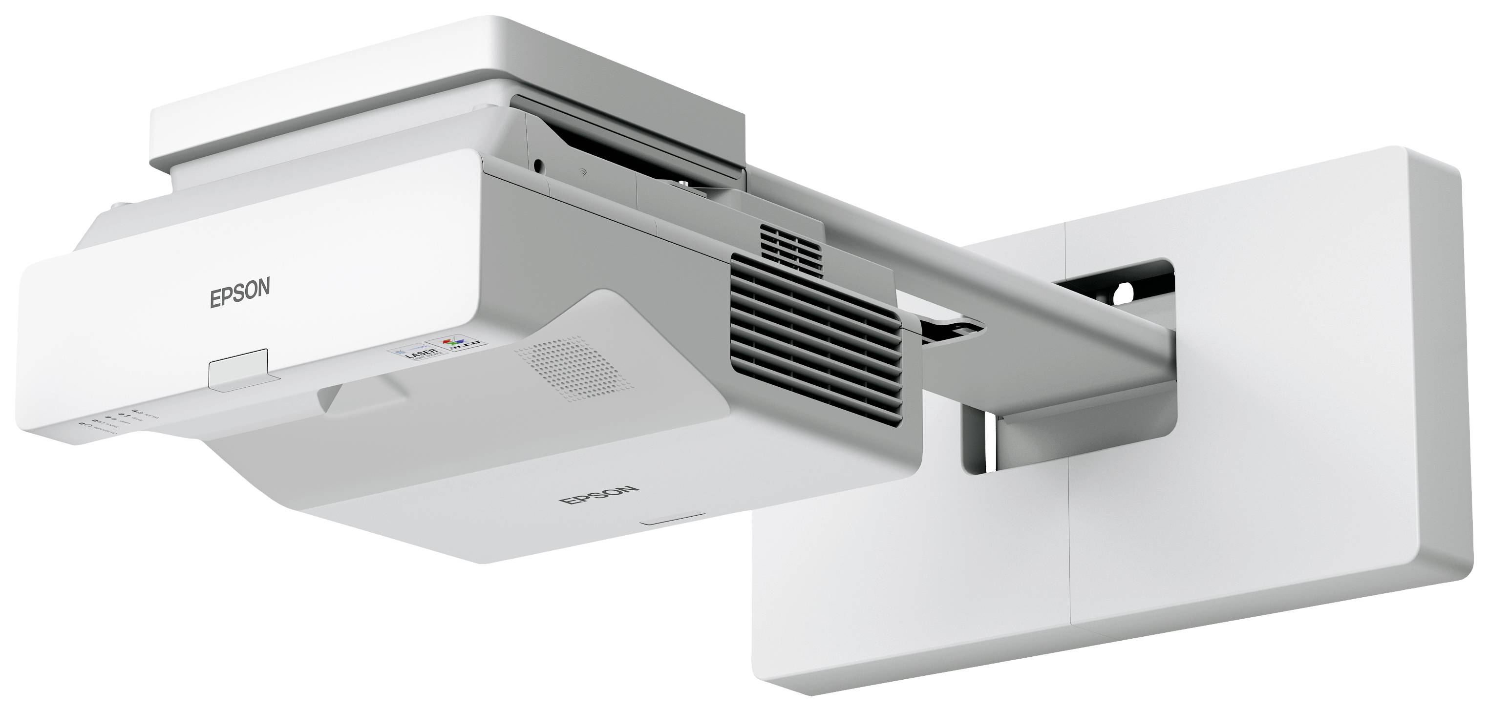 Projecteur de données compact monté sur support mural, design miniature, idéal pour des présentations interactives dans des espaces de petite à moyenne taille.