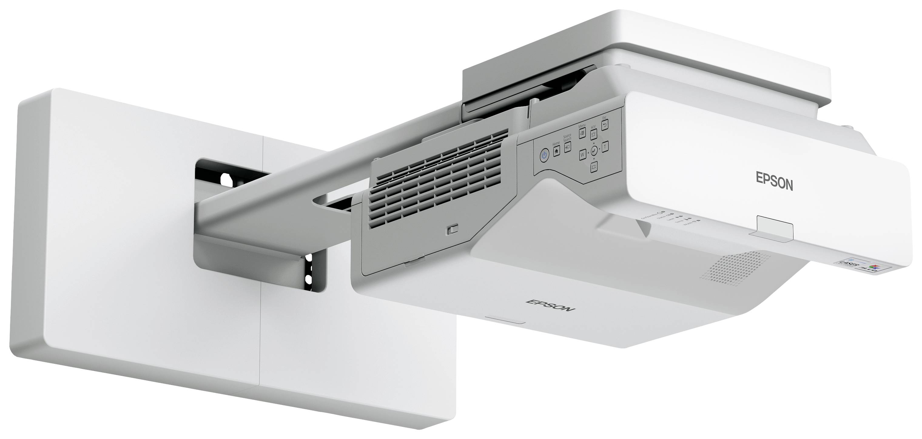 Un projecteur monté au mur pour projeter des images ou des vidéos sur un écran dans une salle de classe ou une salle de conférence.