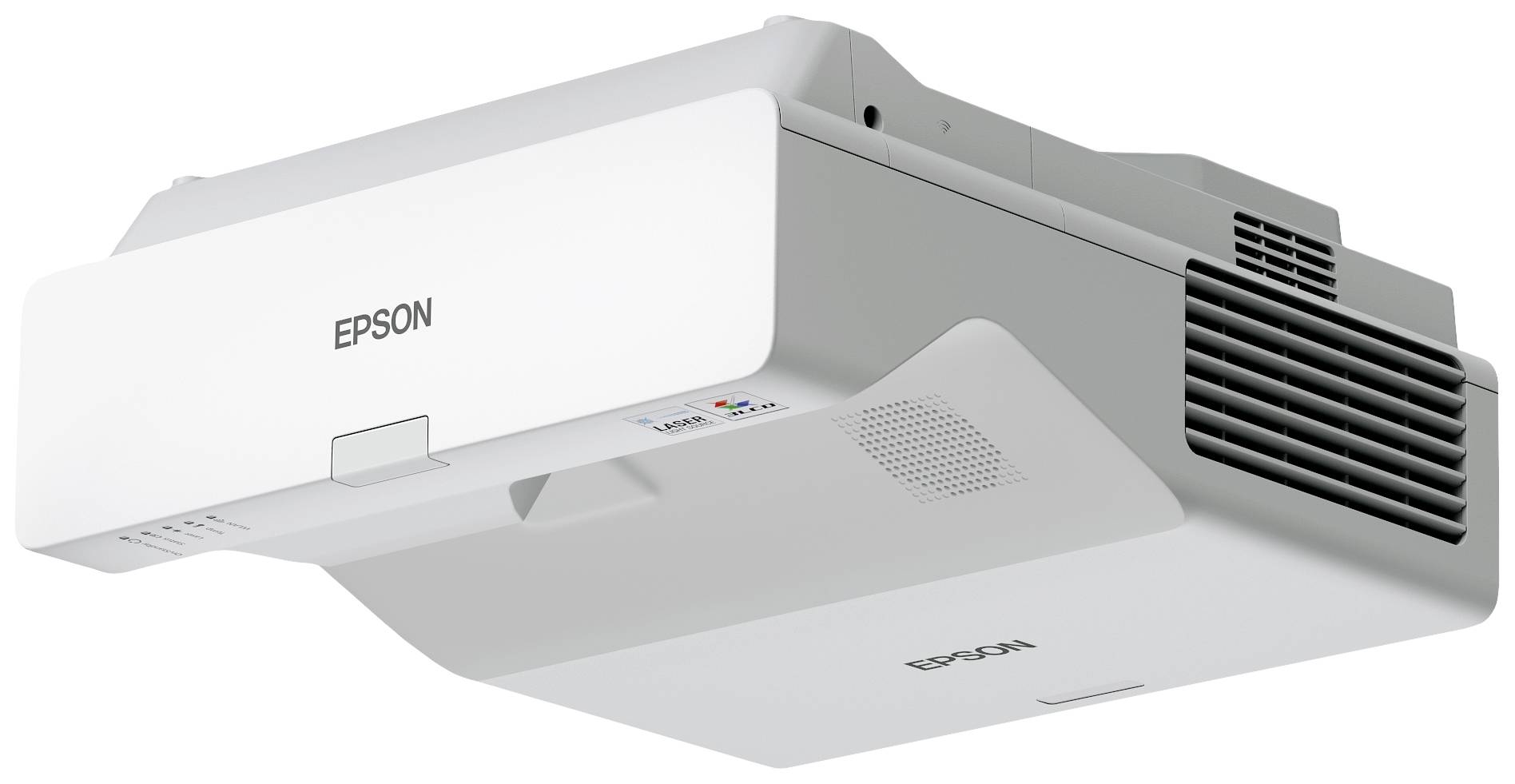 Un projecteur Epson blanc avec une grille de ventilation noire sur le côté. Il est conçu pour un montage au plafond et présente des connexions techniques en bas.