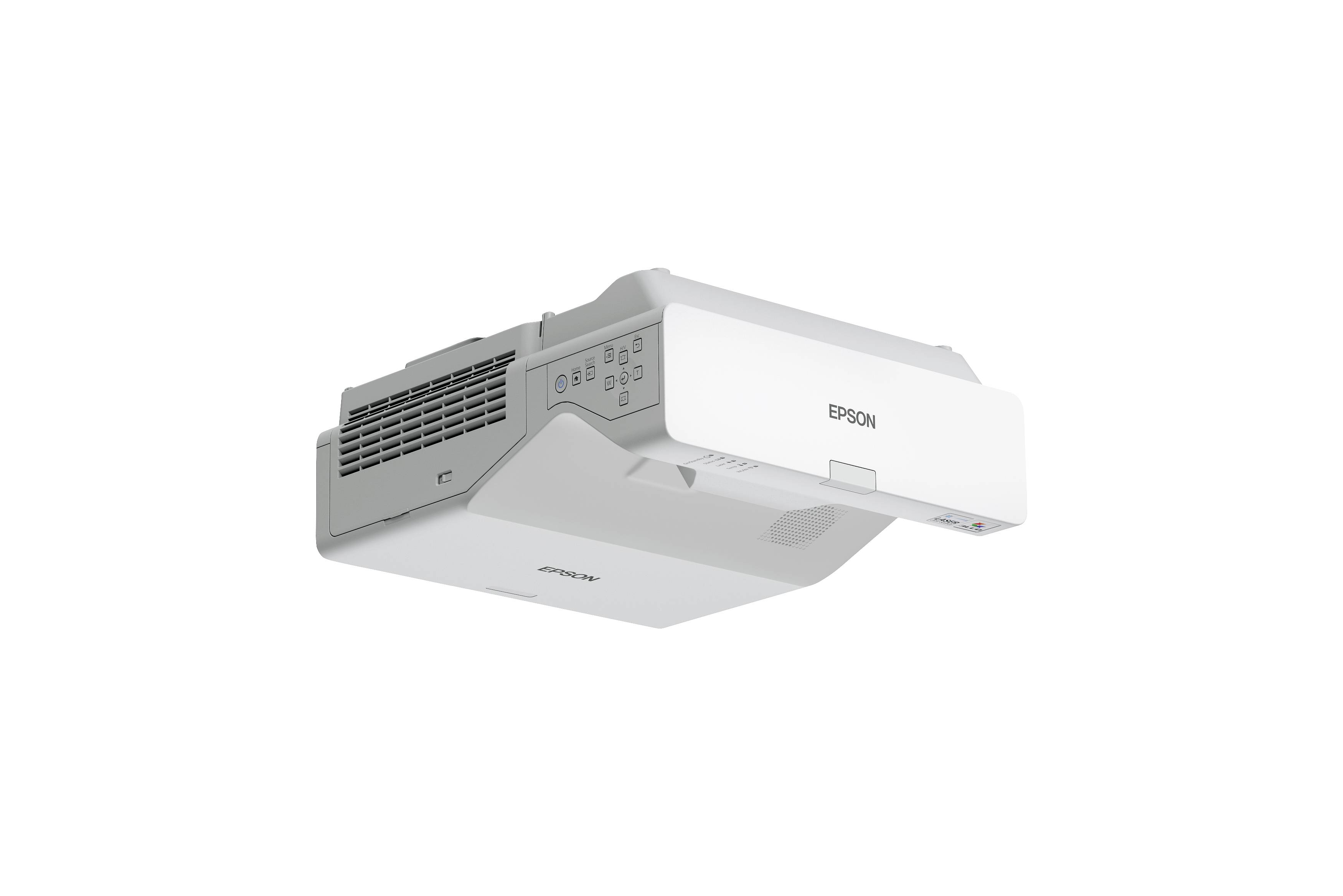Un projecteur Epson blanc vu de profil.