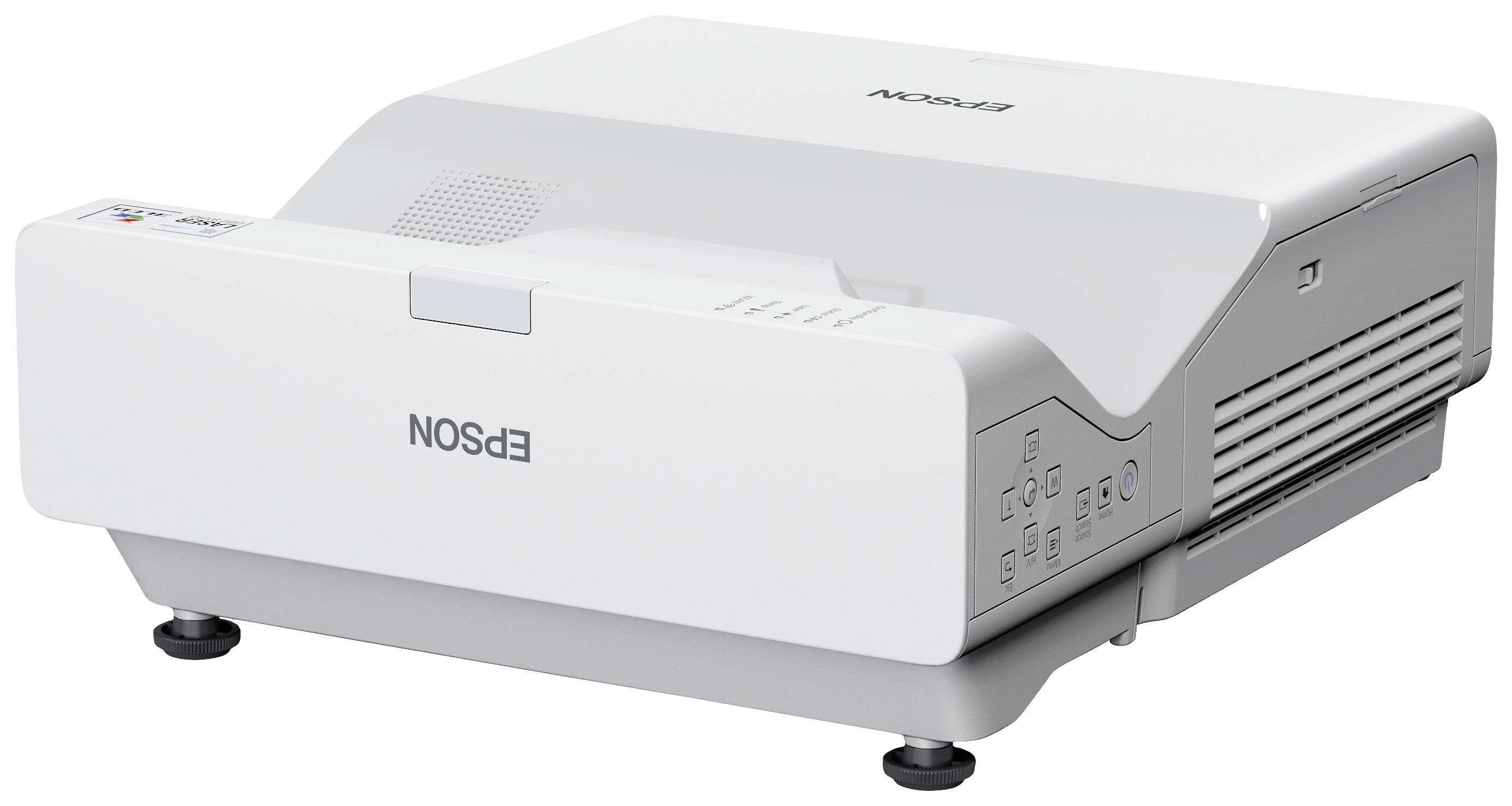 Un projecteur Epson à ultra-courte focale blanc avec des touches de contrôle sur le côté, adapté pour une utilisation dans des bureaux ou des salles de classe.