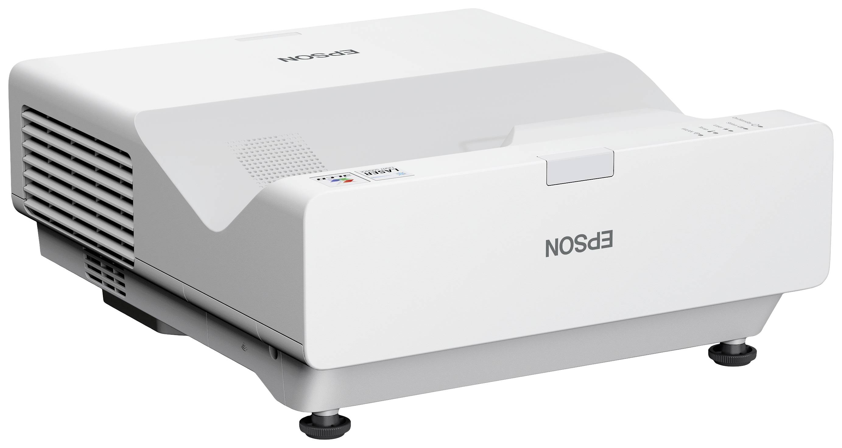 Un projecteur Epson blanc avec des fentes de ventilation et des pieds réglables, vu de côté.