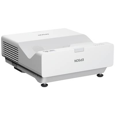 Un projecteur Epson blanc avec des fentes de ventilation et des pieds réglables, vu de côté.