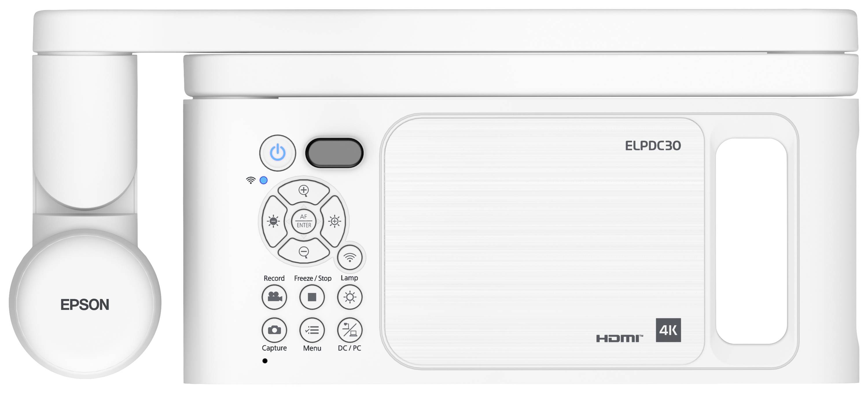 Un projecteur blanc Epson avec les logos HDMI et 4K. Les commandes sont visibles, y compris les touches de mise en marche et de menu.