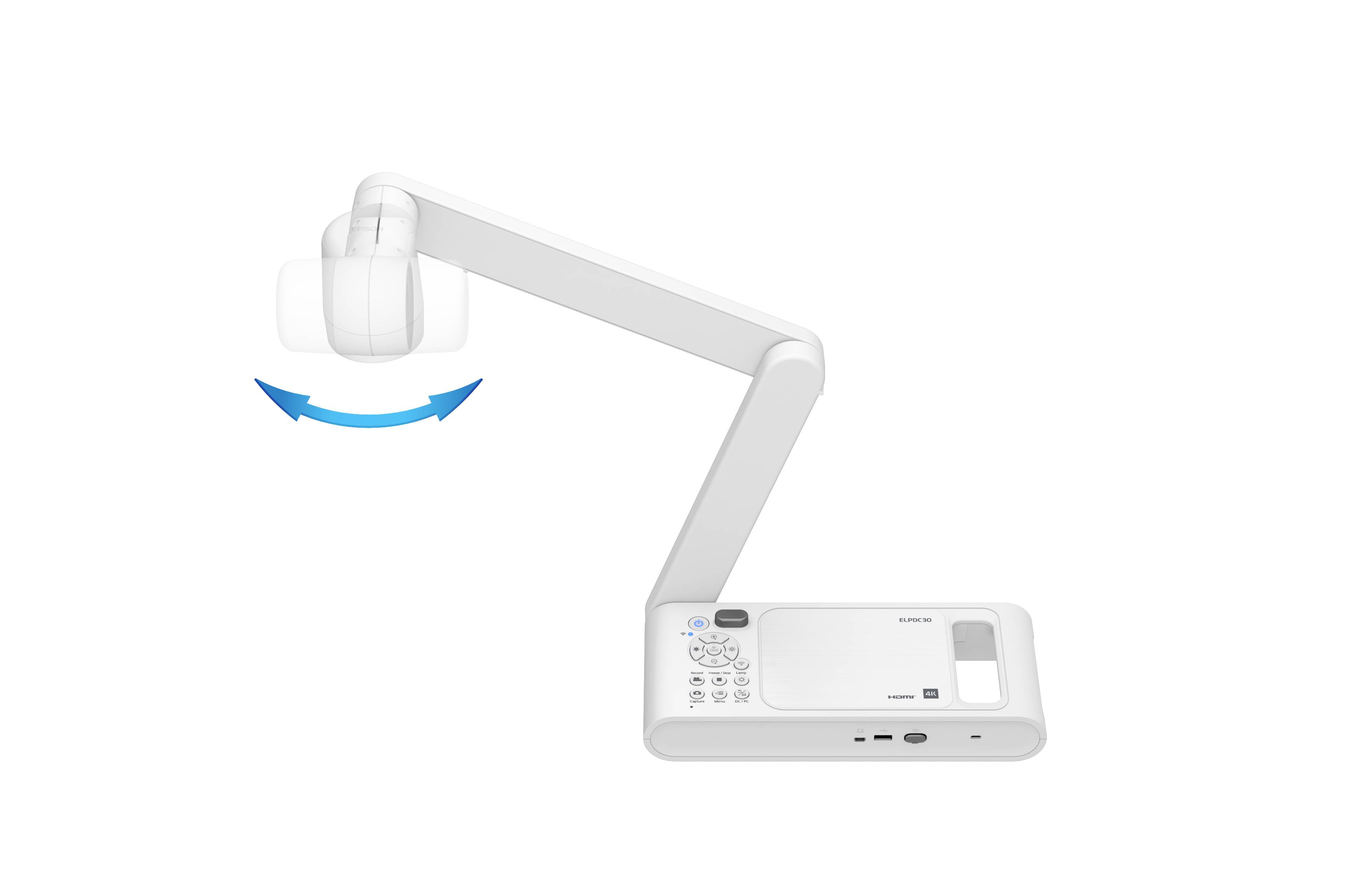 Une caméra de documents blanche et pliable avec une tête rotative, idéale pour les présentations ou l'enseignement.