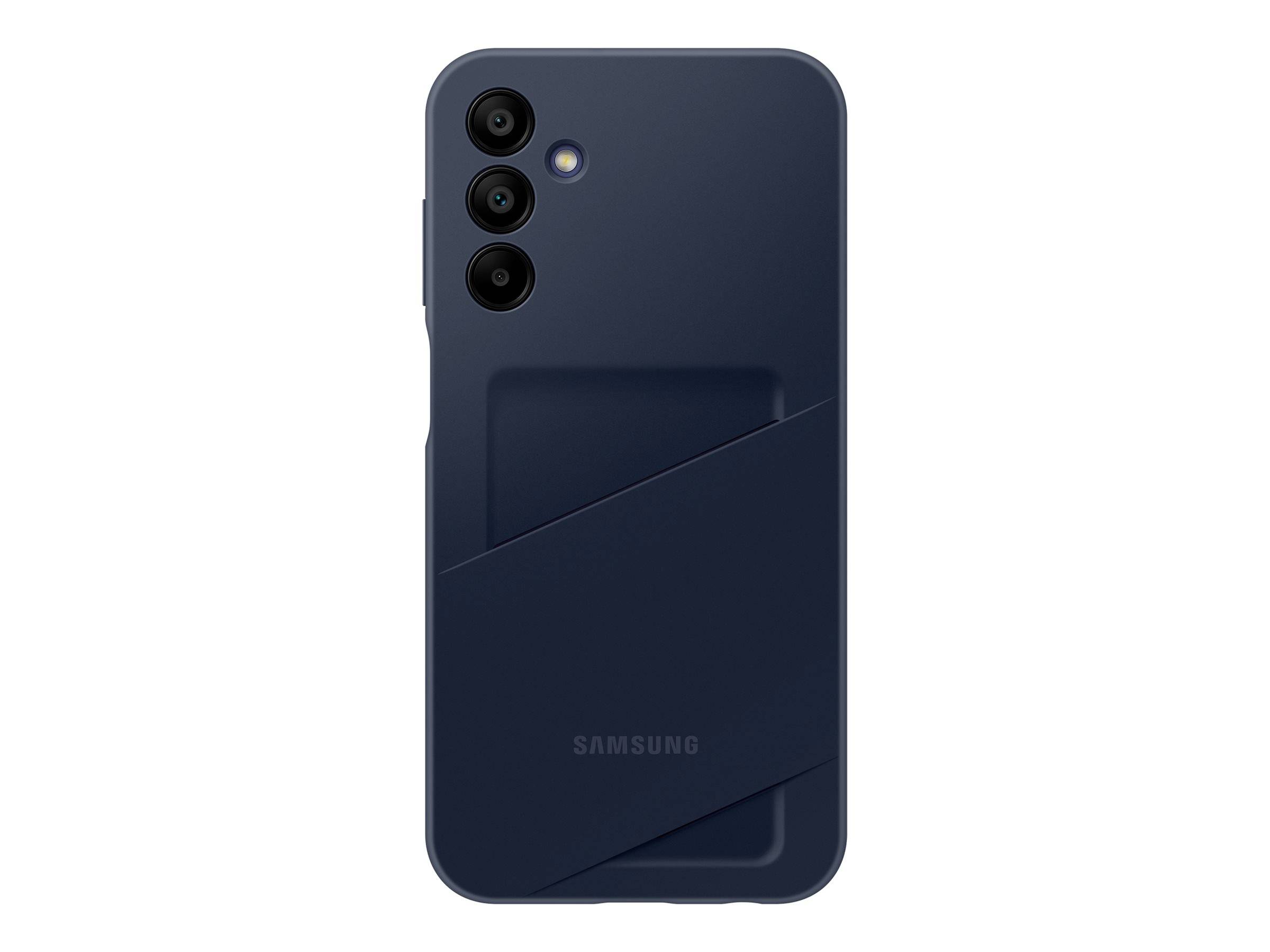 Smartphone bleu foncé vu de dos, montrant trois caméras dans le coin supérieur gauche. Le modèle pourrait être un Samsung, avec un couvercle sans marque.