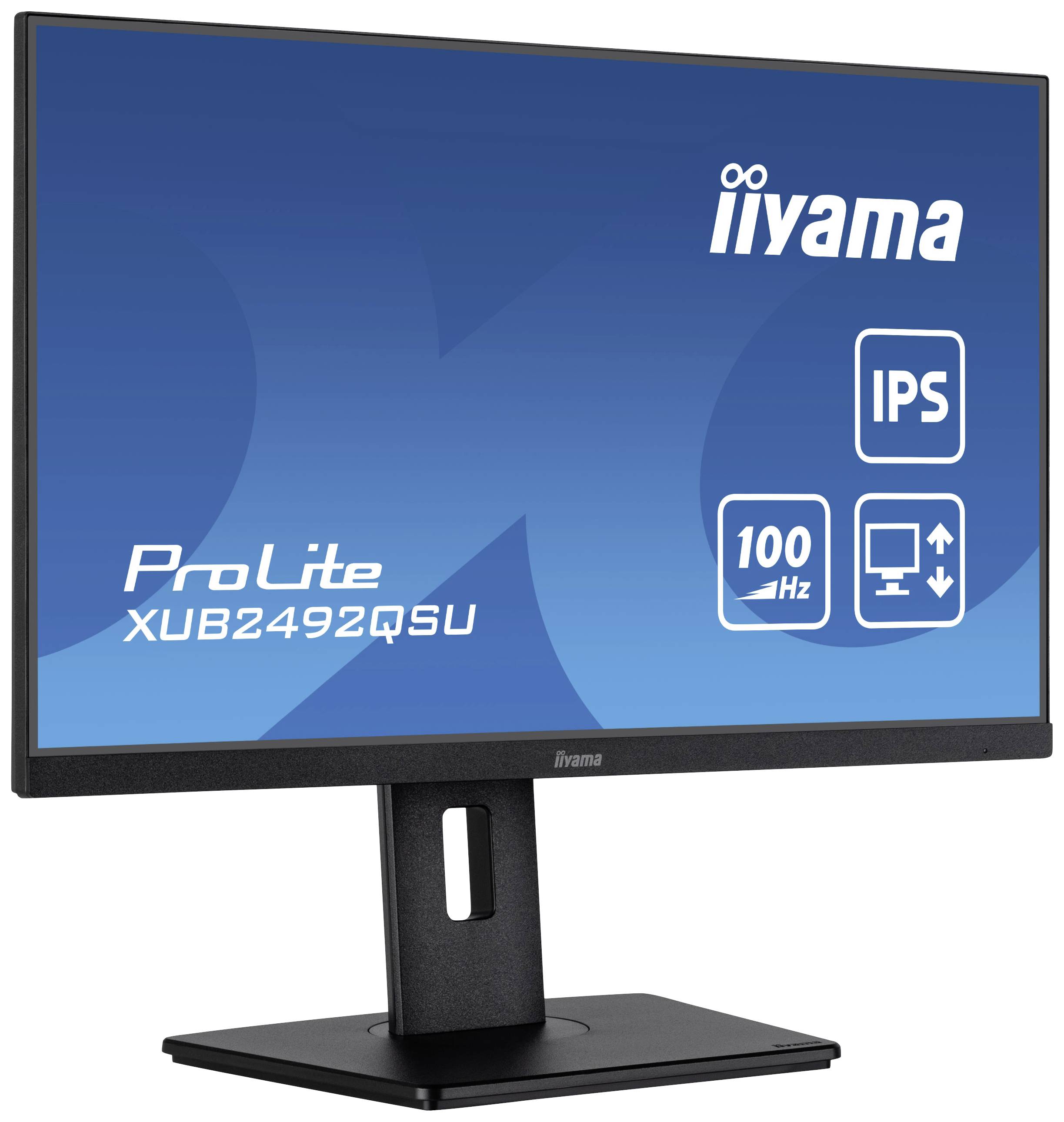 Un moniteur iiyama ProLite XUB2492QSU avec technologie IPS, taux de rafraîchissement de 100 Hz, boîtier noir, monté sur socle.