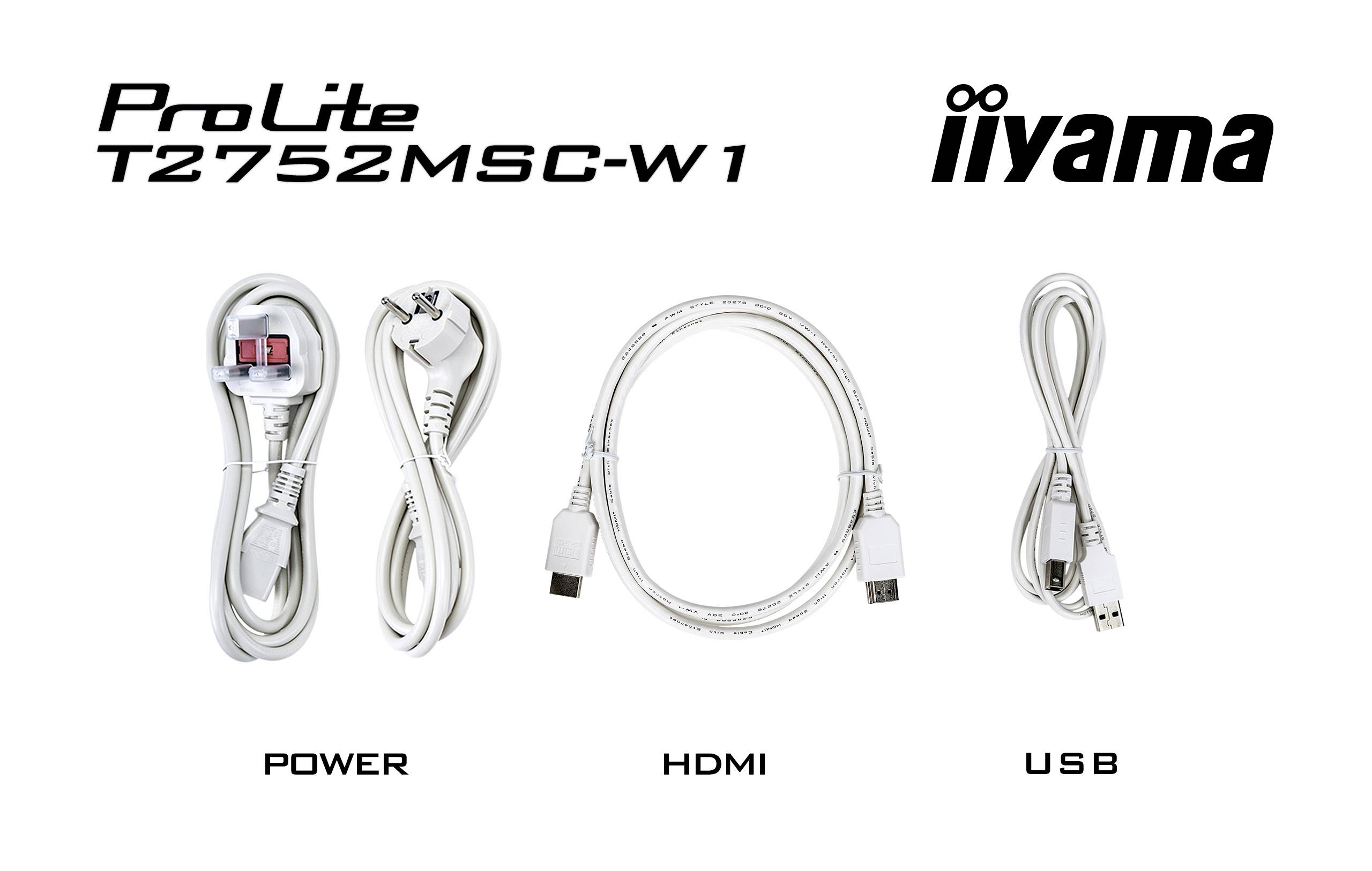 « Trois câbles côte à côte : un câble électrique avec une prise, un câble HDMI et un câble USB. En haut à gauche est inscrit « ProLite T2752MSC-W1 », en haut à droite « iiyama ».