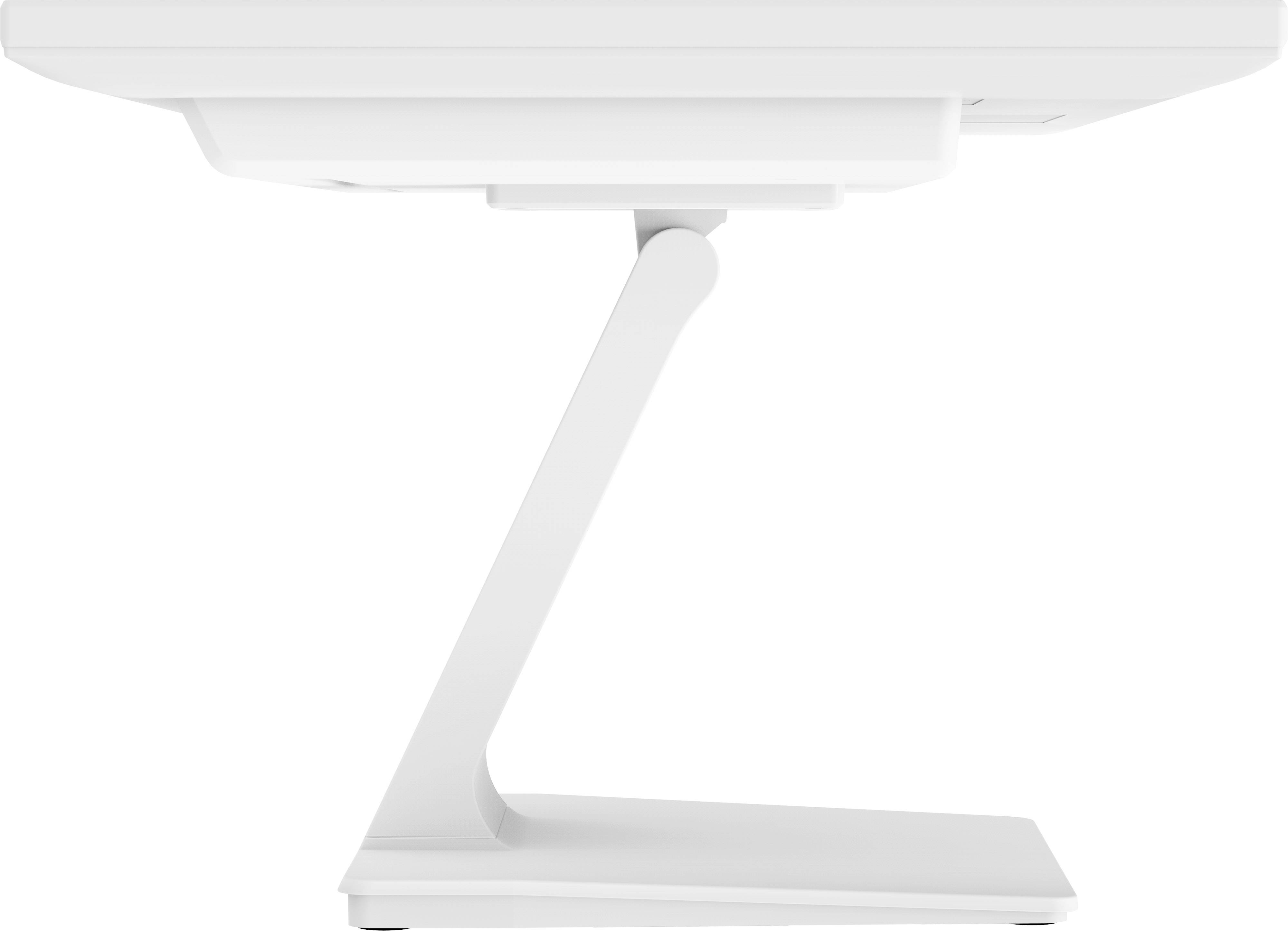 Un support blanc et minimaliste à structure en Z, portant un écran plat.
