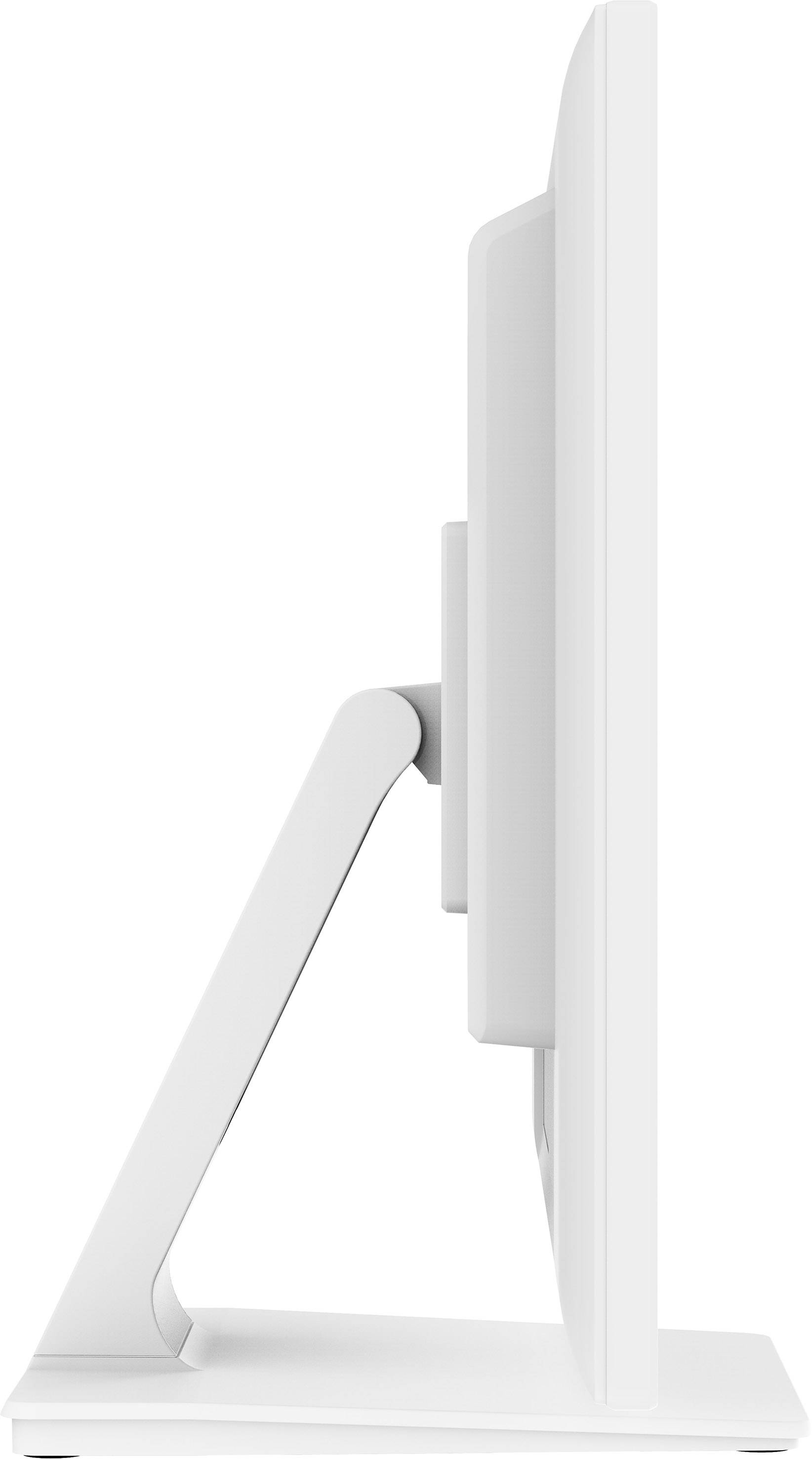 Photo de côté d'un écran d'ordinateur avec un grand socle rectangulaire. Le design élégant révèle des lignes nettes et un aspect moderne.