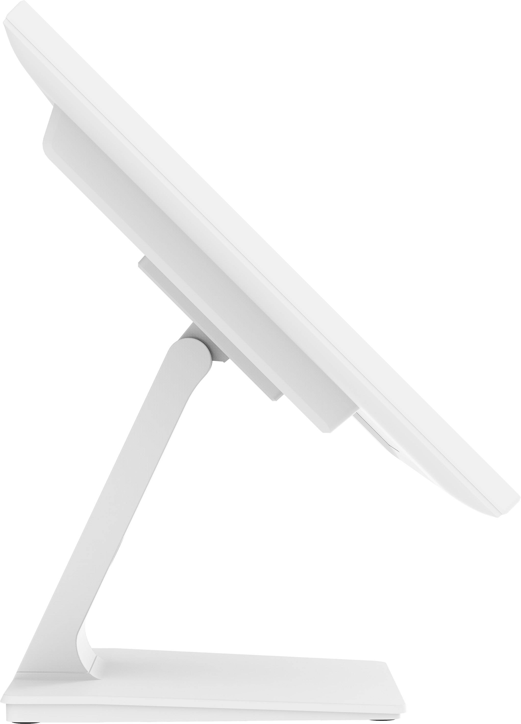 Un écran d'ordinateur blanc, vu de profil, montre une possibilité d'inclinaison flexible sur un socle élancé et moderne.