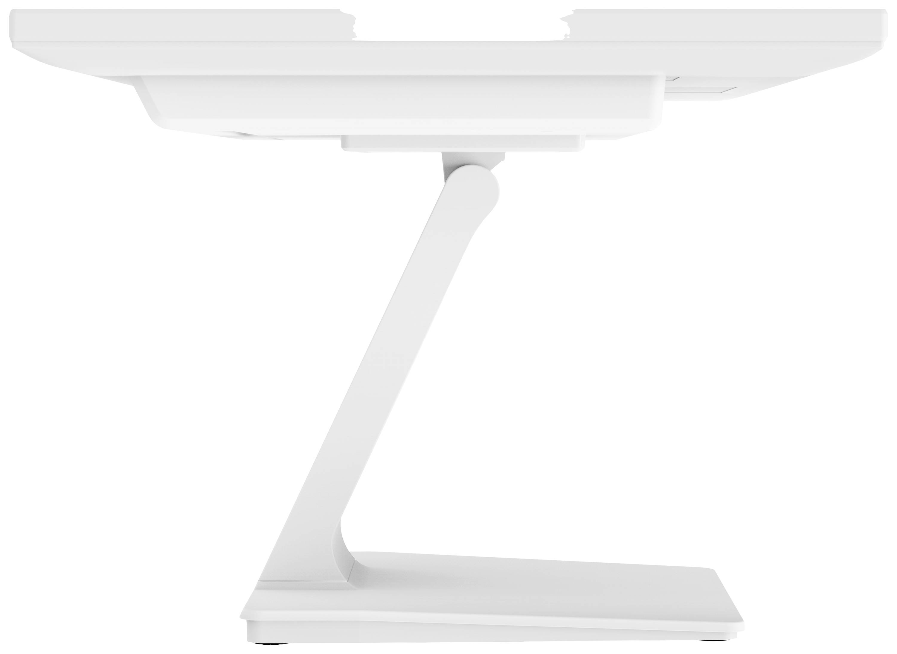 Une table blanche au design moderne en forme de Z. La surface est lisse et le cadre offre un support stable.