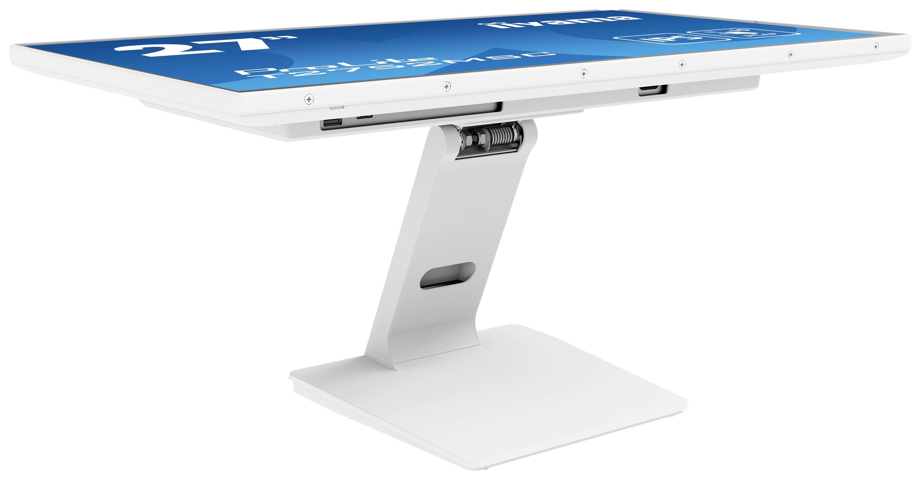 Un moniteur blanc sur un support inclinable, affichant un écran bleu avec de grands chiffres et du texte blancs.