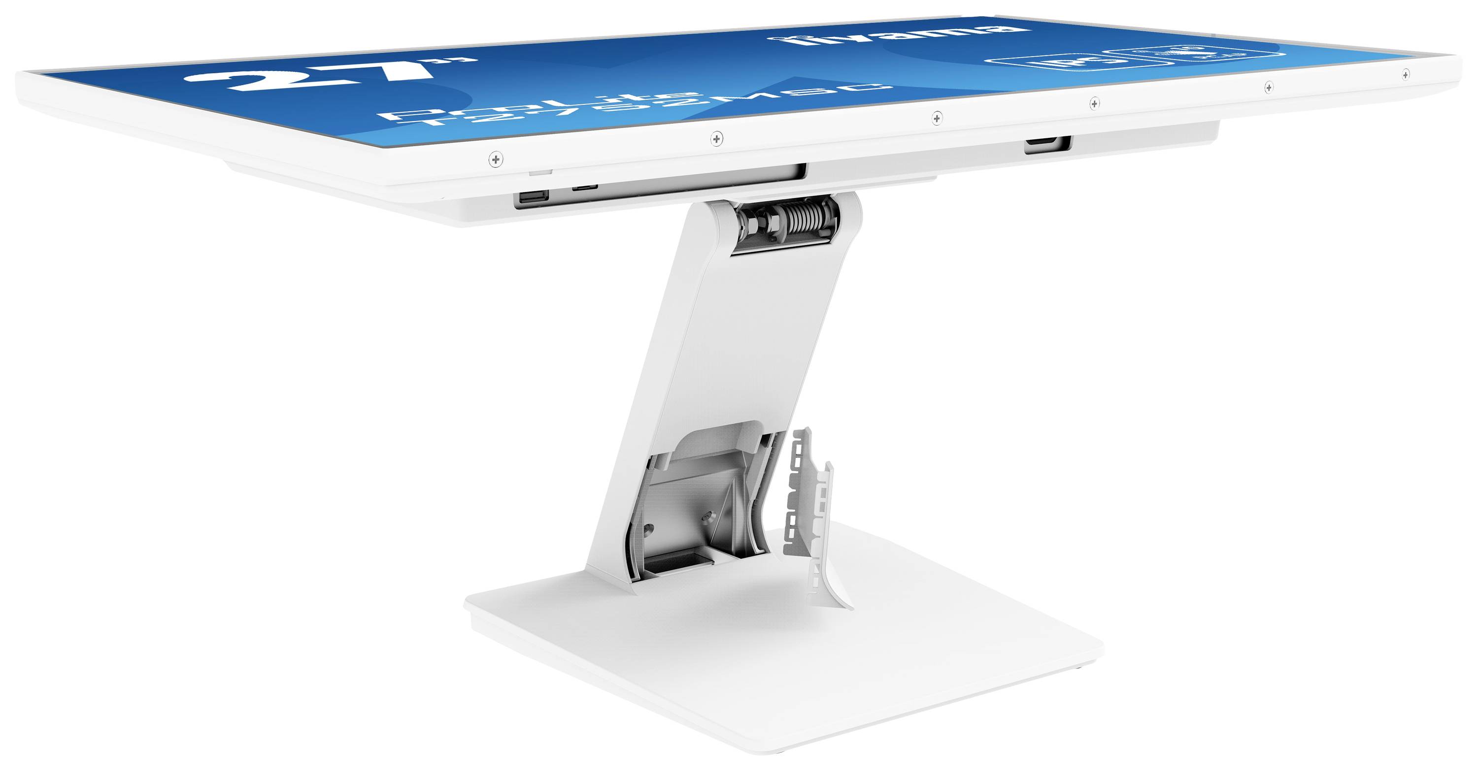 Un moniteur d'ordinateur blanc sur un socle pivotant. L'écran affiche des graphiques bleus et blancs. Le moniteur est légèrement incliné.