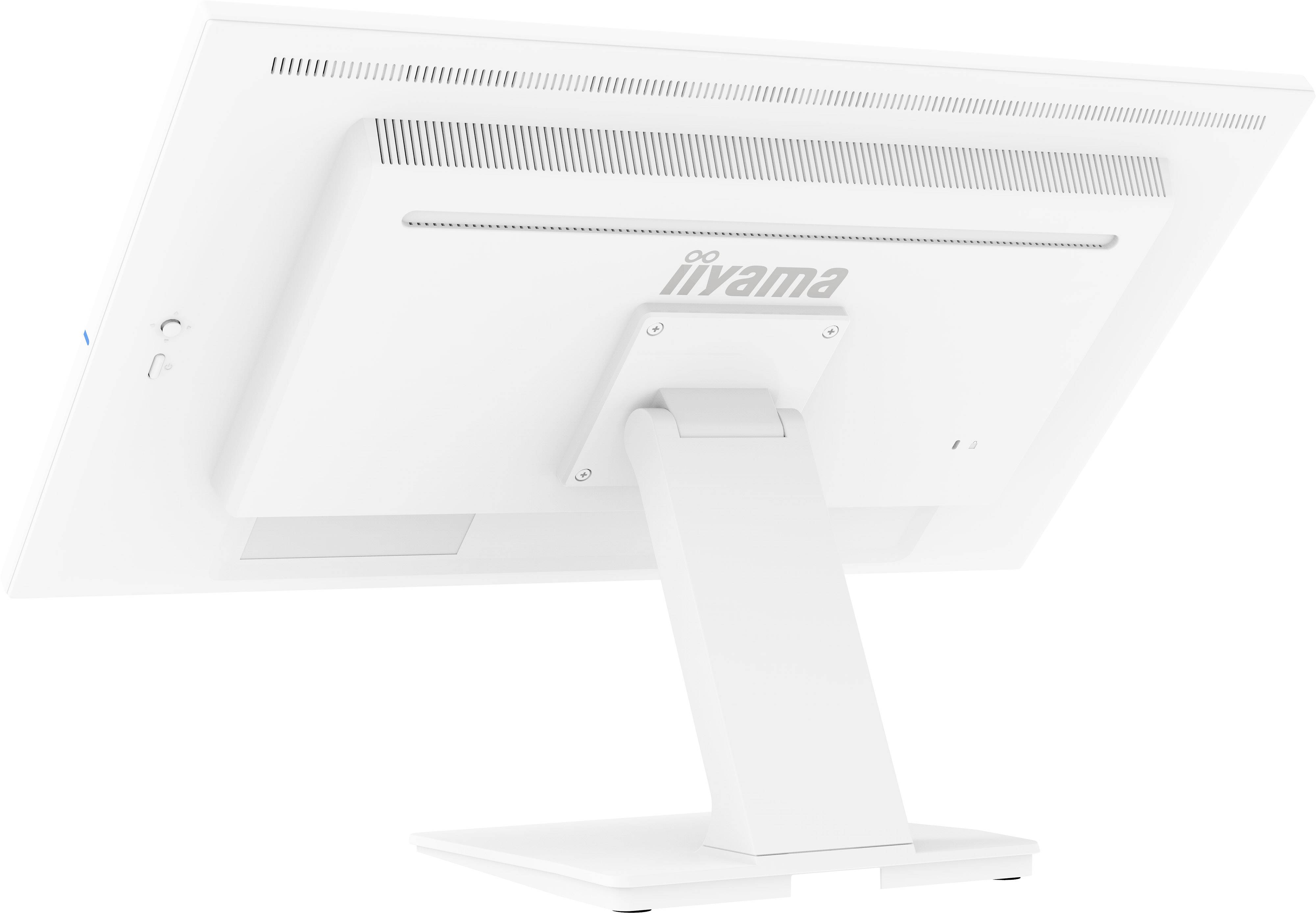 Un moniteur blanc vu de dos, monté sur un pied. La marque 'iiyama' est visible sur l'arrière.