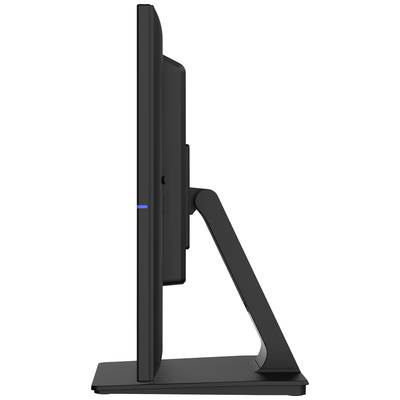 Vue latérale d'un moniteur d'ordinateur noir et élancé sur un socle. Le design est minimaliste et moderne.