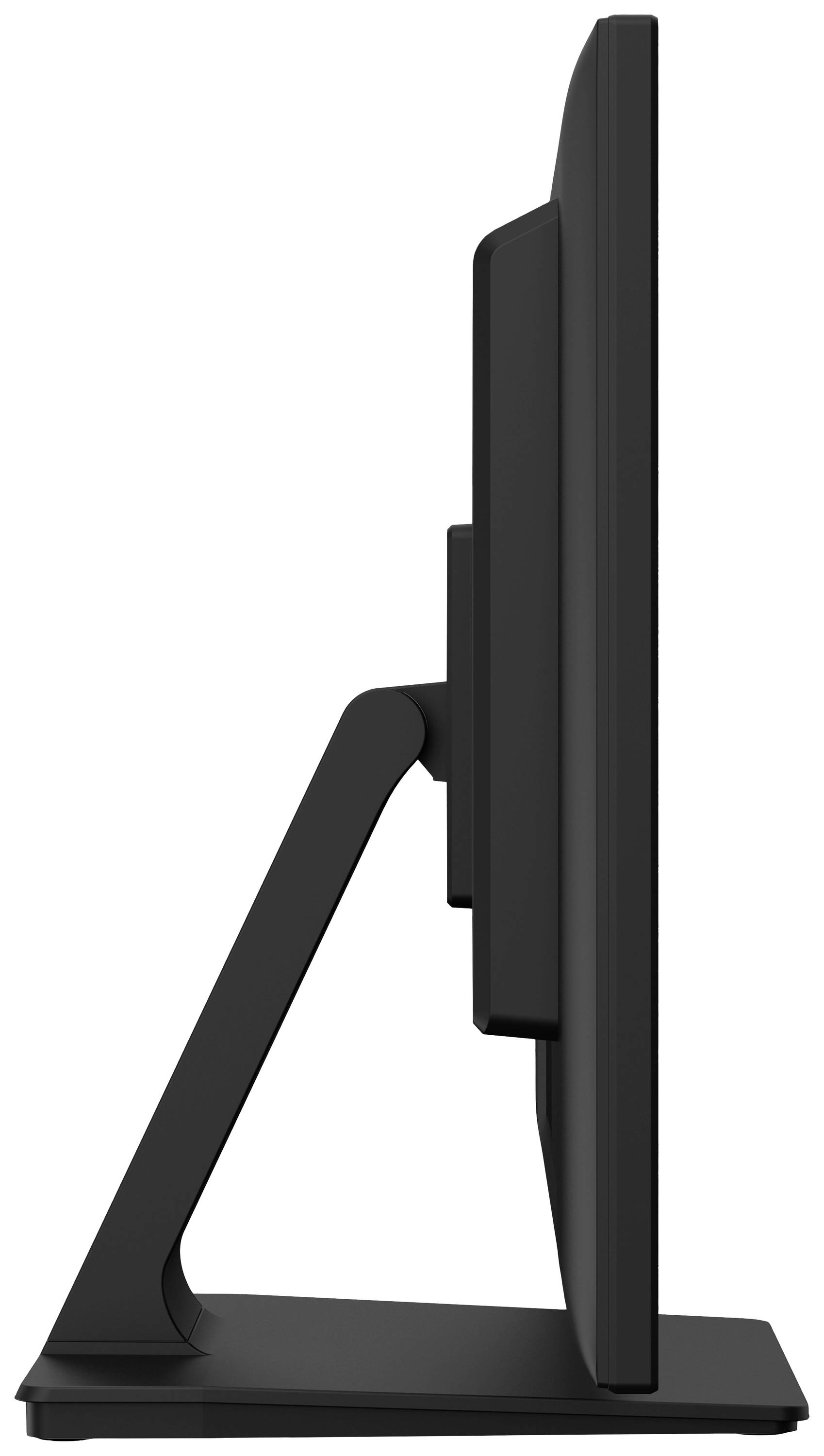 Moniteur noir vu de côté, présentant un design élégant et un support stable.