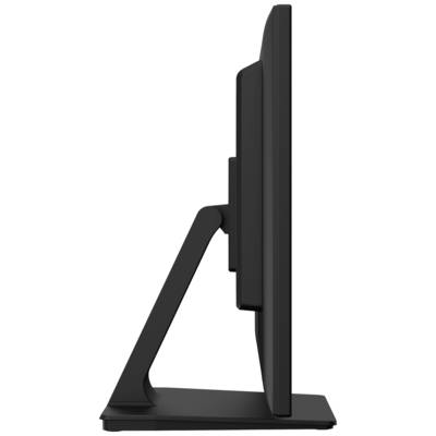 Moniteur noir vu de côté, présentant un design élégant et un support stable.