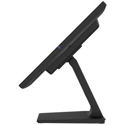 Vue latérale d'un écran d'ordinateur noir sur un socle, légèrement incliné vers l'arrière. L'écran présente un design moderne et élancé.
