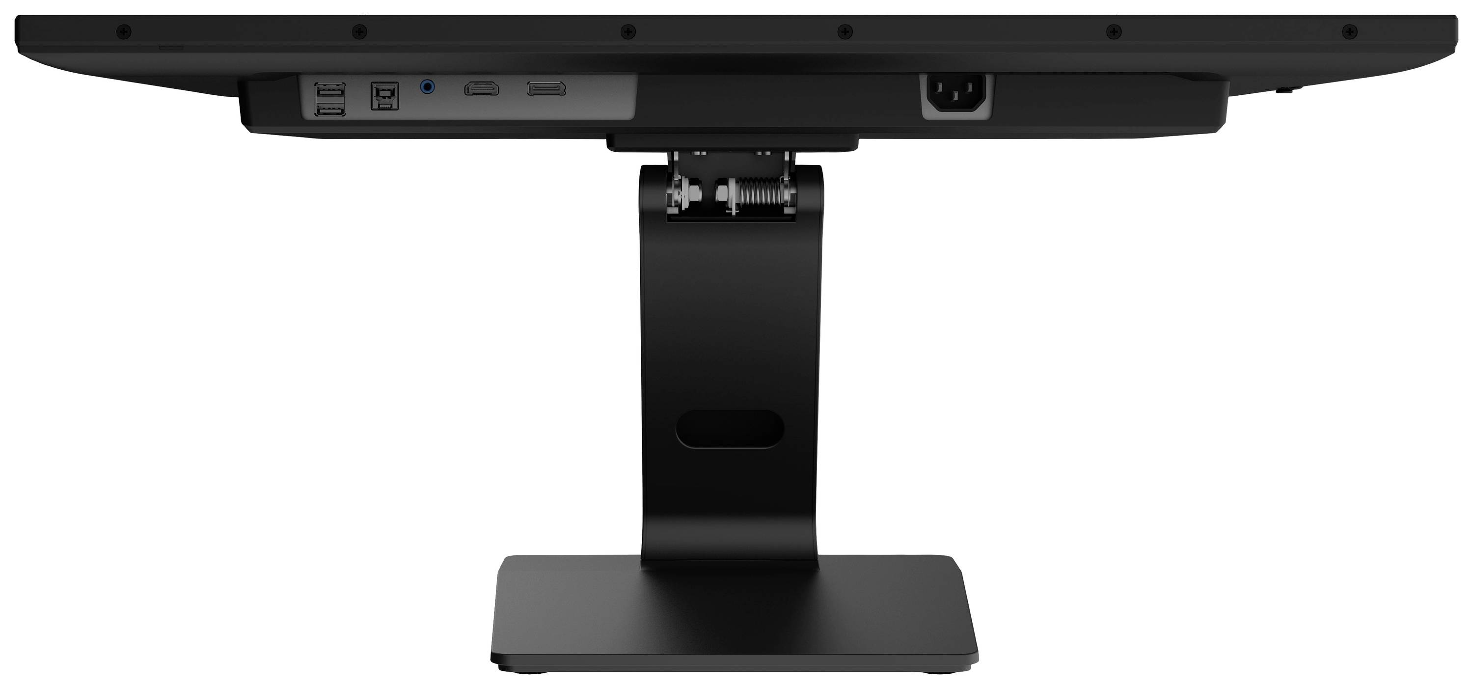 Vue arrière d'un moniteur d'ordinateur noir avec plusieurs ports et un socle robuste.