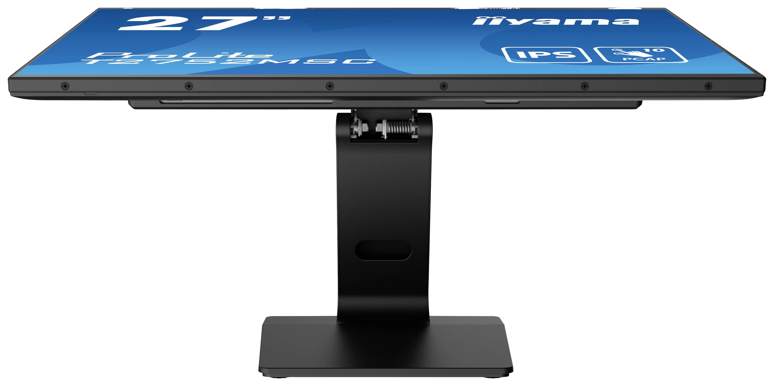 Écran plat posé sur un support, montrant le dessus d'un moniteur de 27 pouces avec technologie IPS, adapté à une utilisation polyvalente.