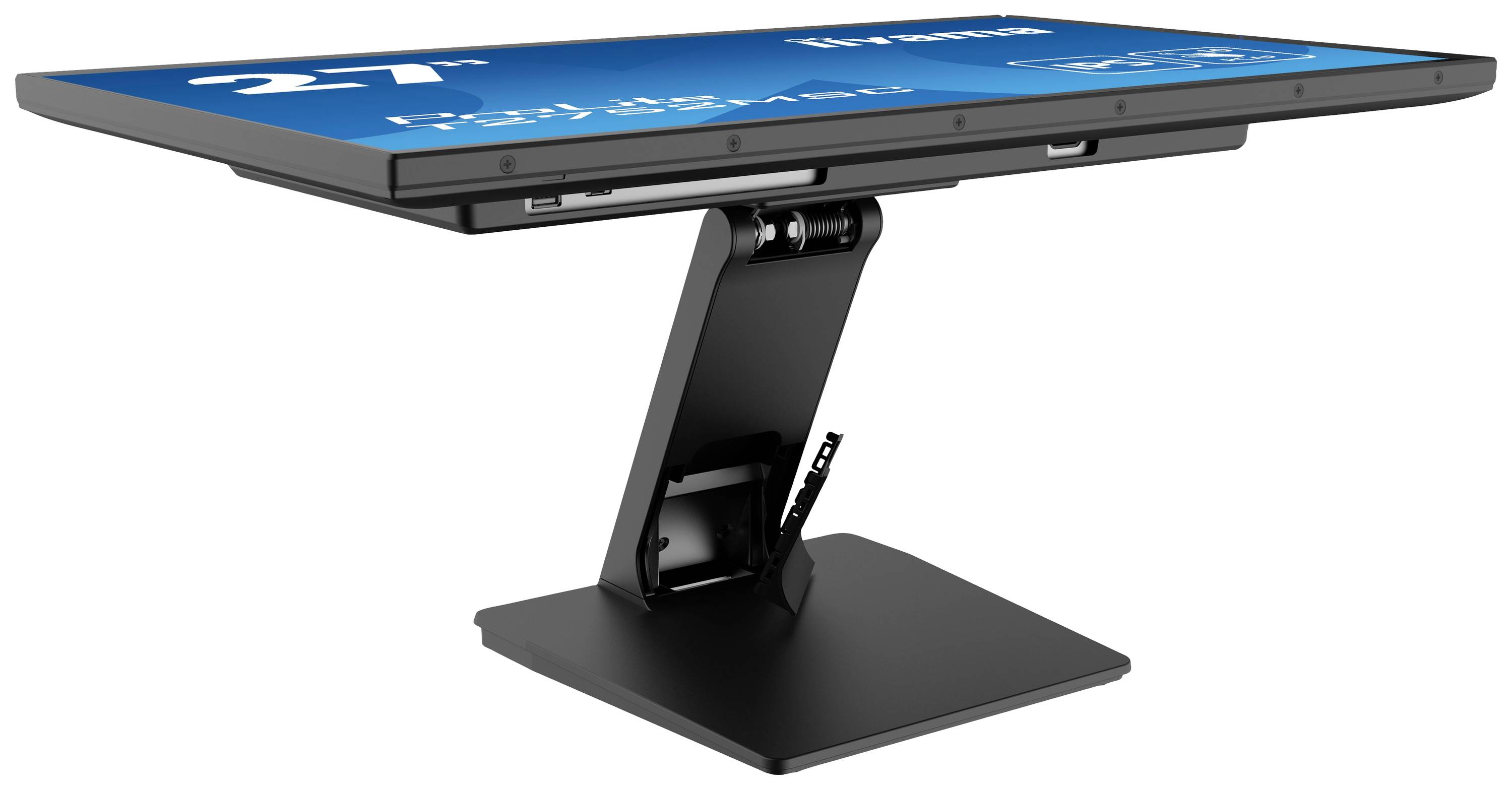 Un grand écran tactile incliné sur un support réglable, adapté aux présentations ou aux affichages interactifs.