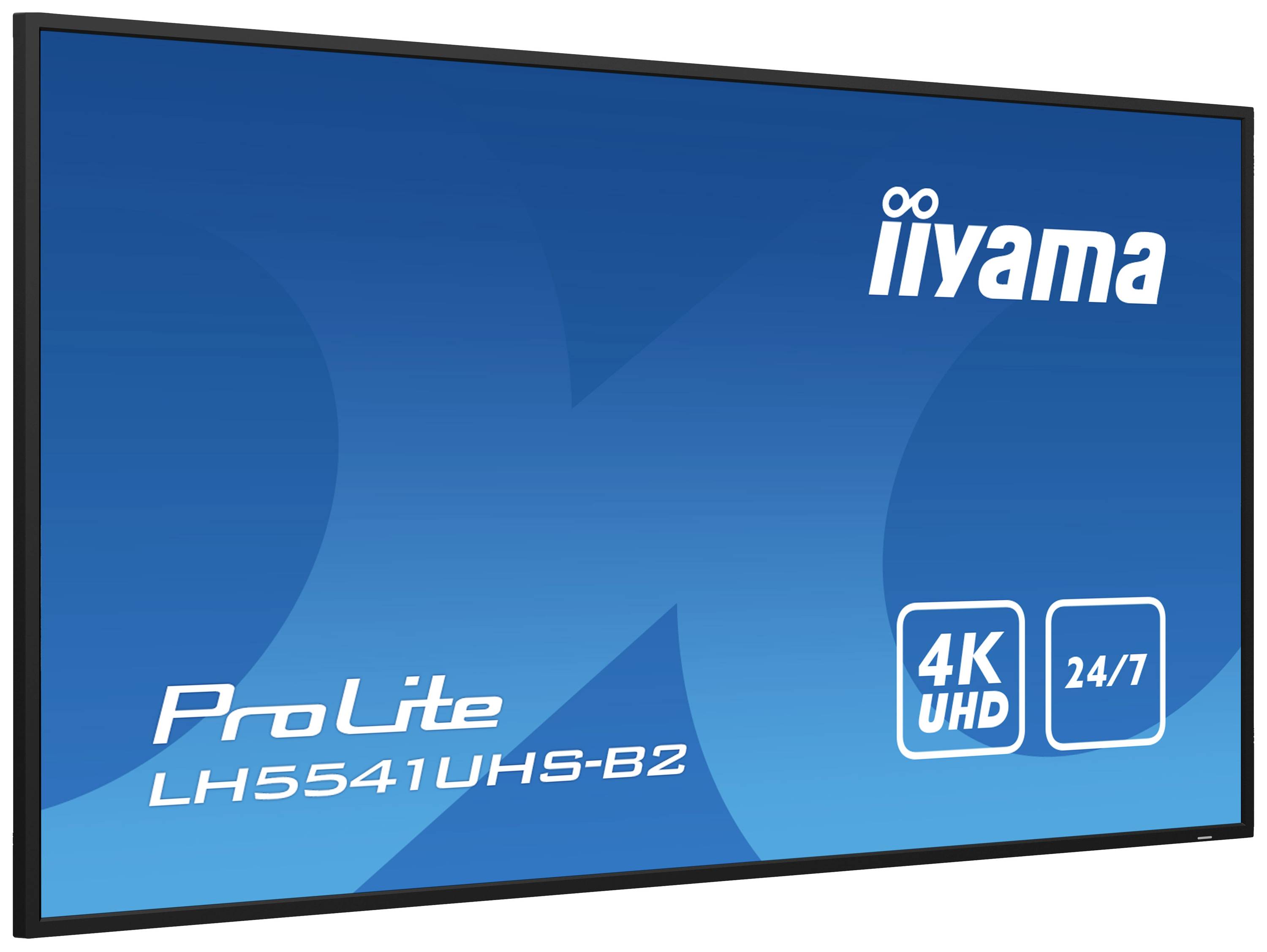 Un écran bleu avec 'iiyama ProLite' en blanc. L'affichage est 4K UHD et adapté à un fonctionnement 24/7. Numéro de modèle : LH5541UHS-B2.