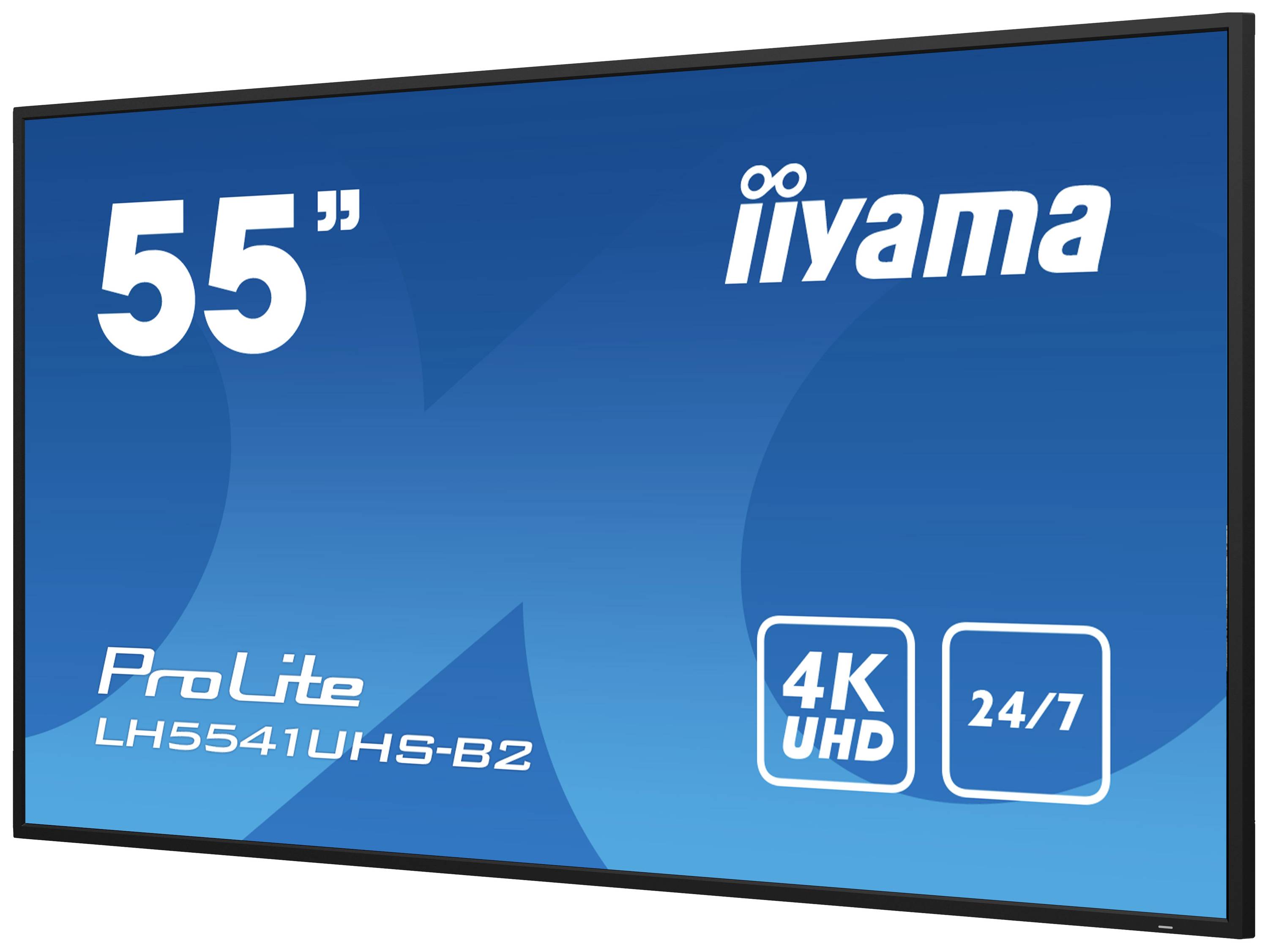 Écran ProLite LH5541UHS-B2 55" d'iiyama sur fond bleu avec des symboles 4K UHD et 24/7.
