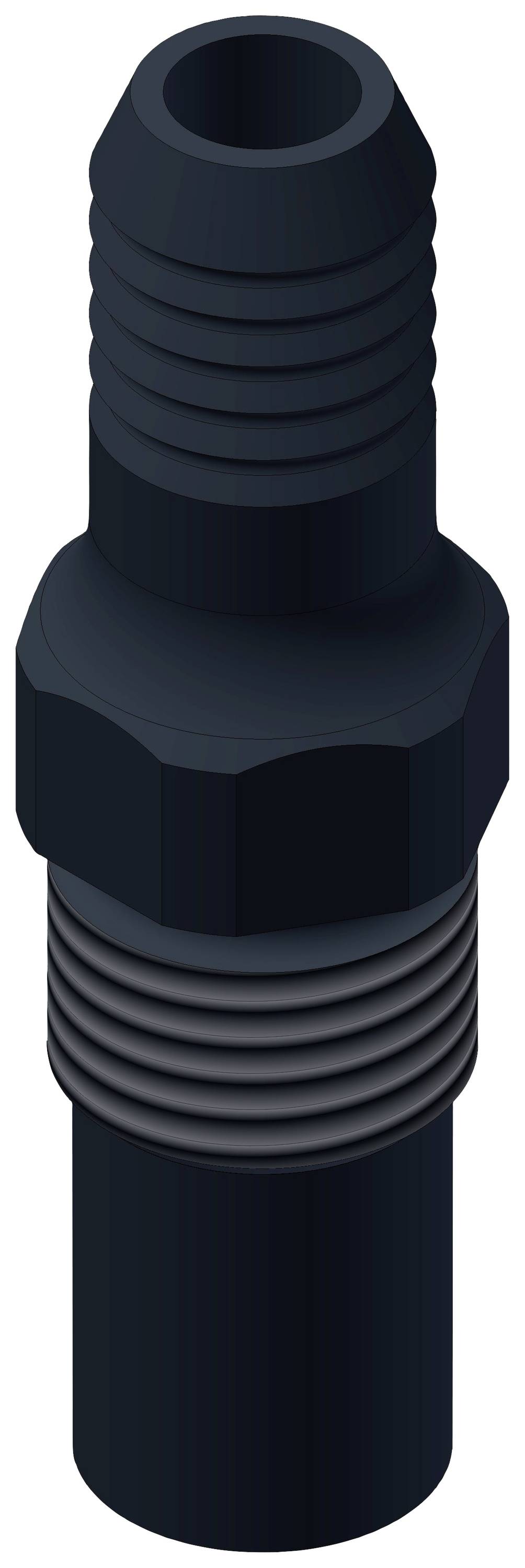 Adaptateur en plastique gris foncé à surface texturée présentant plusieurs rainures le long de sa tige. Utilisé dans les applications mécaniques.