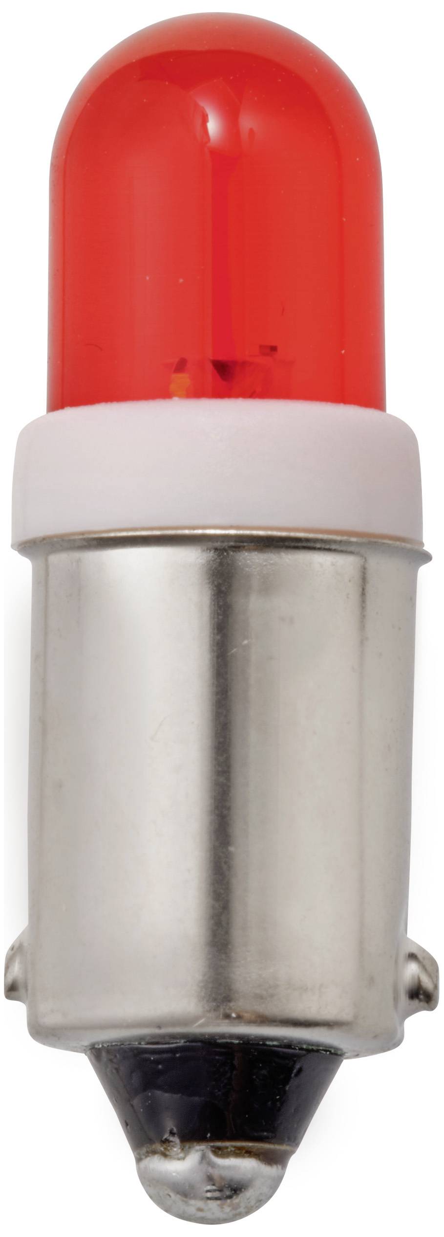 Une lampe LED rouge avec un socle métallique, généralement utilisée dans les appareils électriques.