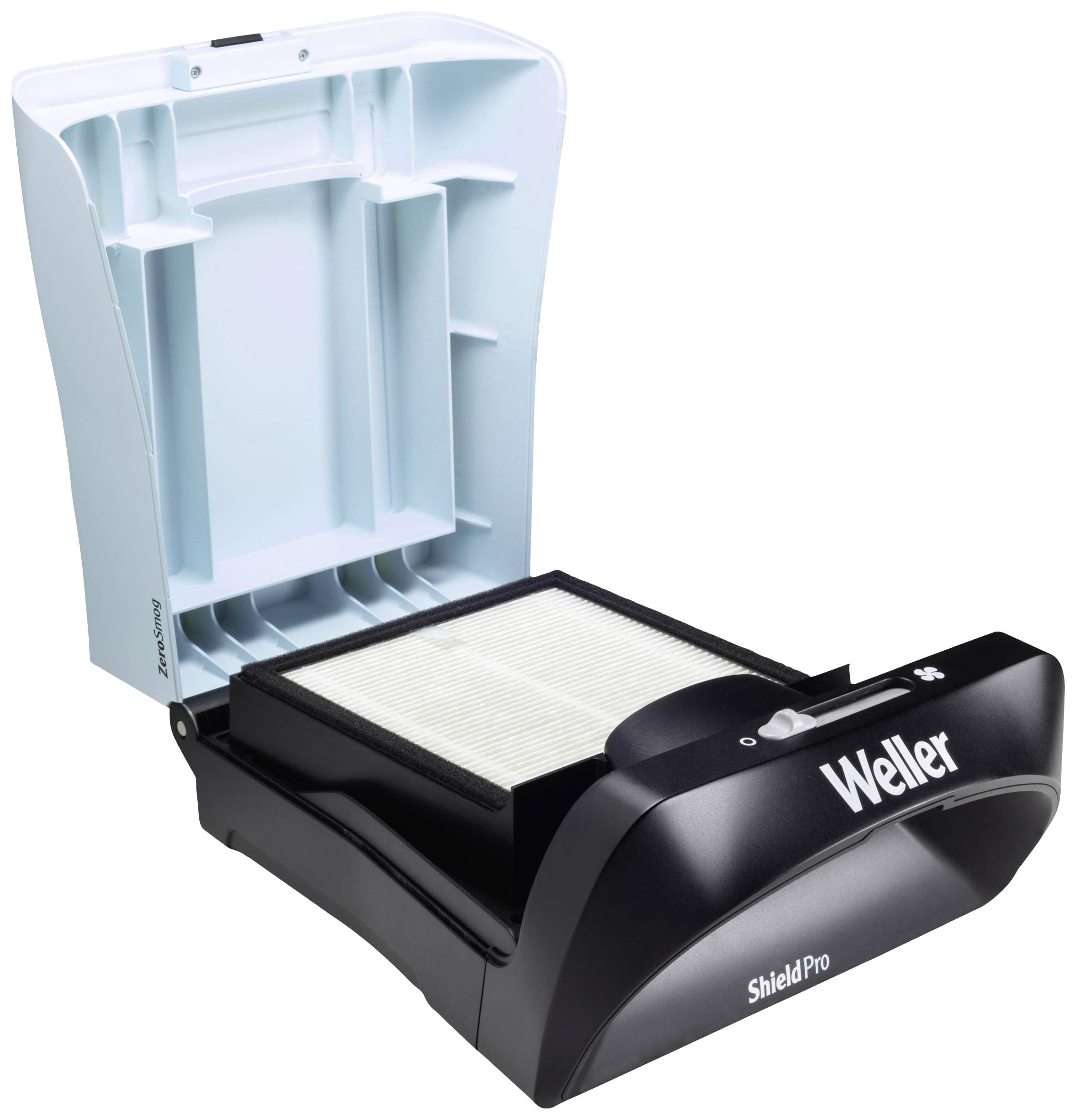 Appareil de filtration d'air Weller Shield Pro, ouvert, montrant l'intérieur avec un filtre HEPA. Il est conçu pour purifier l'air respiré dans les ateliers.