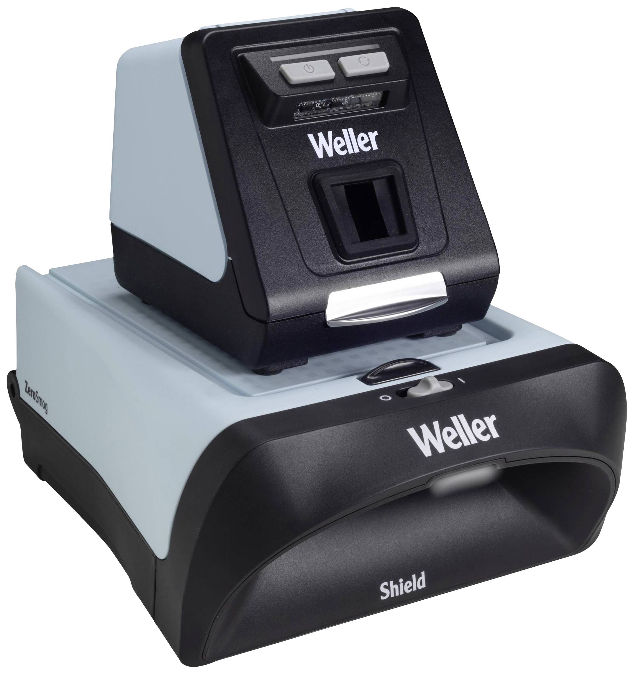 Un appareil noir et gris de Weller, doté d'un petit écran et de commandes, monté sur une base stable.